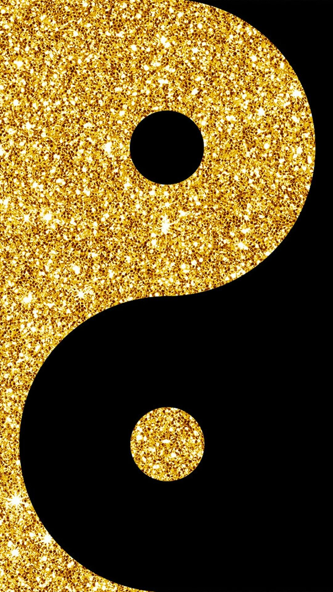 A stylish black and gold glitter Yin Yang symbol phone wallpaper