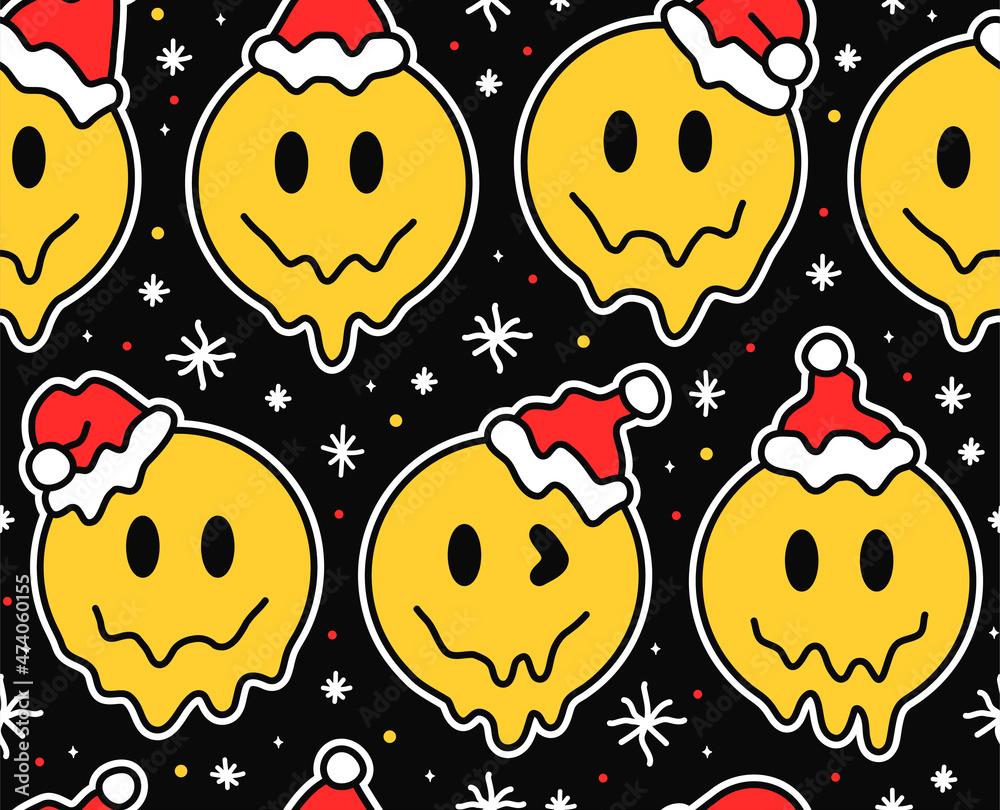Funny smile crazy face in christmas hats seamless patternVector