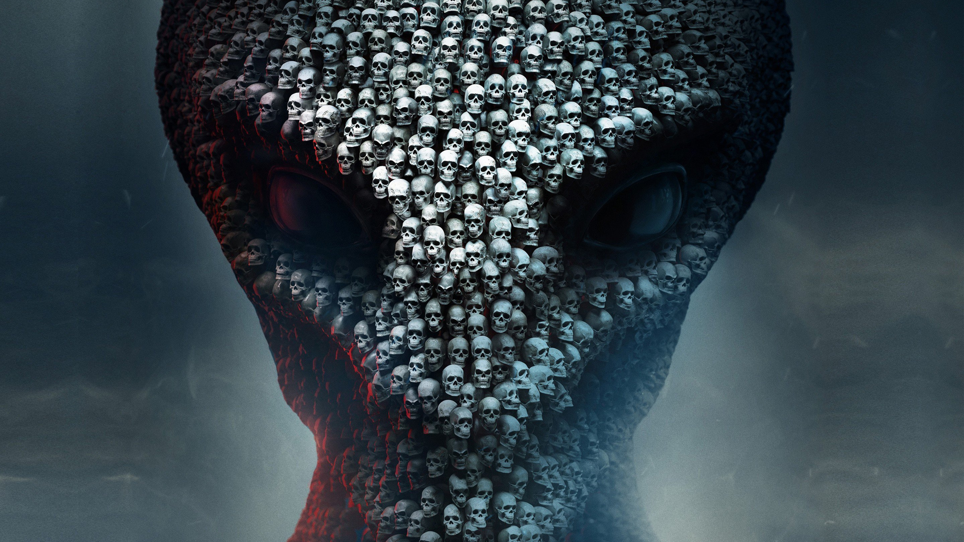 A chilling 4K gaming wallpaper featuring an alien face composed of countless skulls, evoking themes of invasion, horror, and dystopia