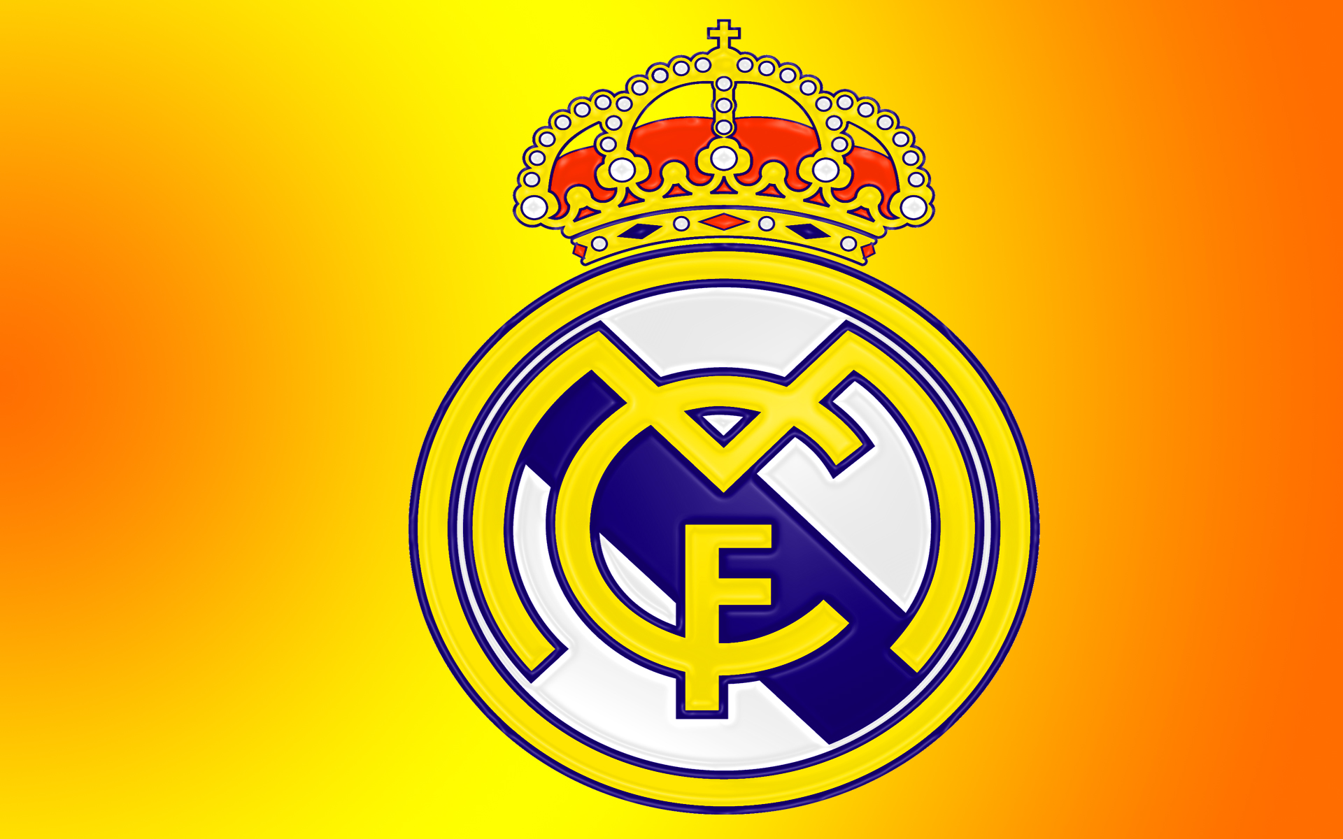  A blue and yellow soccer ball with the Real Madrid logo, which has a crown and the letters M, C, and F, on it.
