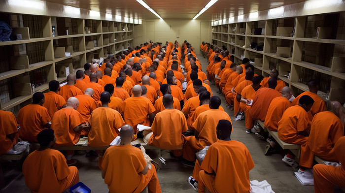 Prison Group Of Prisoners Sitting In Orange Uniforms Background Wallpaper