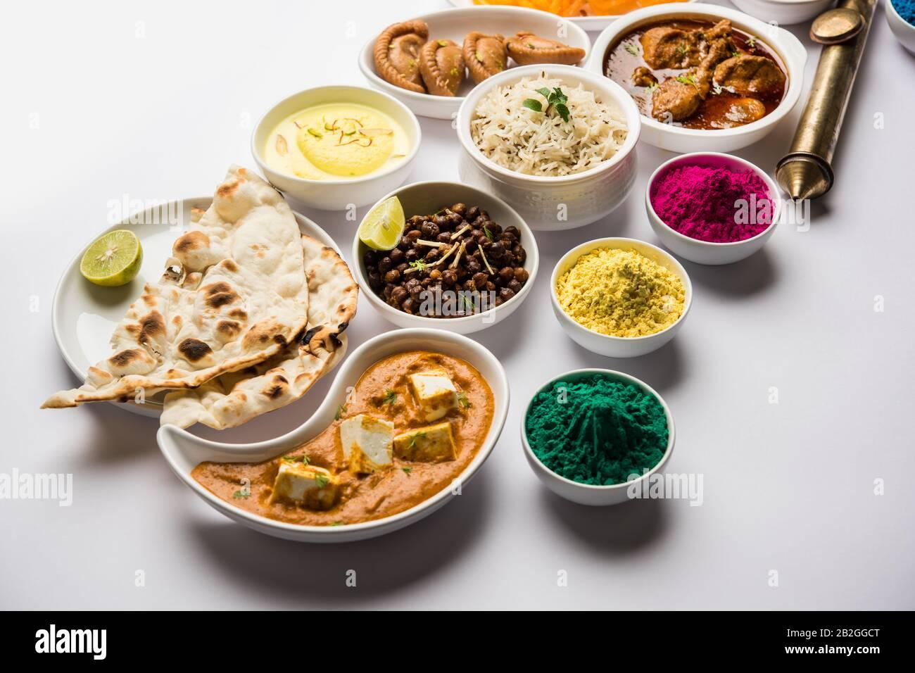 Happy Holy concept showing Indian assorted lunch food like chicken