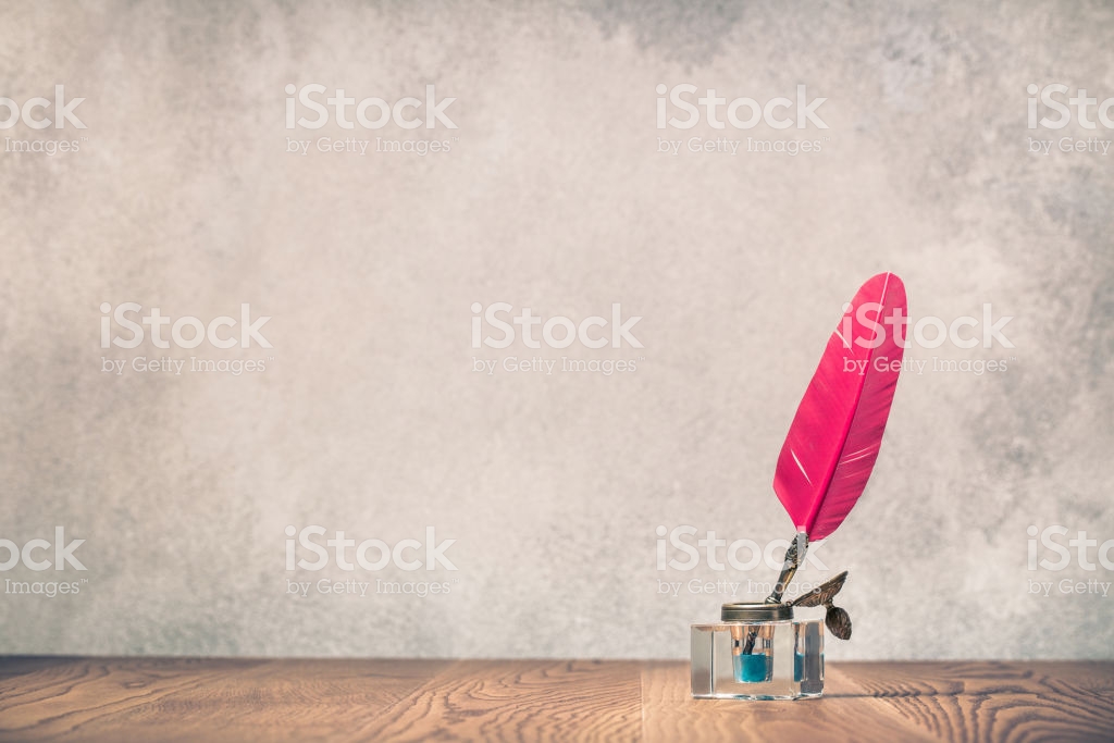 Free download Red Quill Ink Pen With Inkwell On Wooden Desk Front