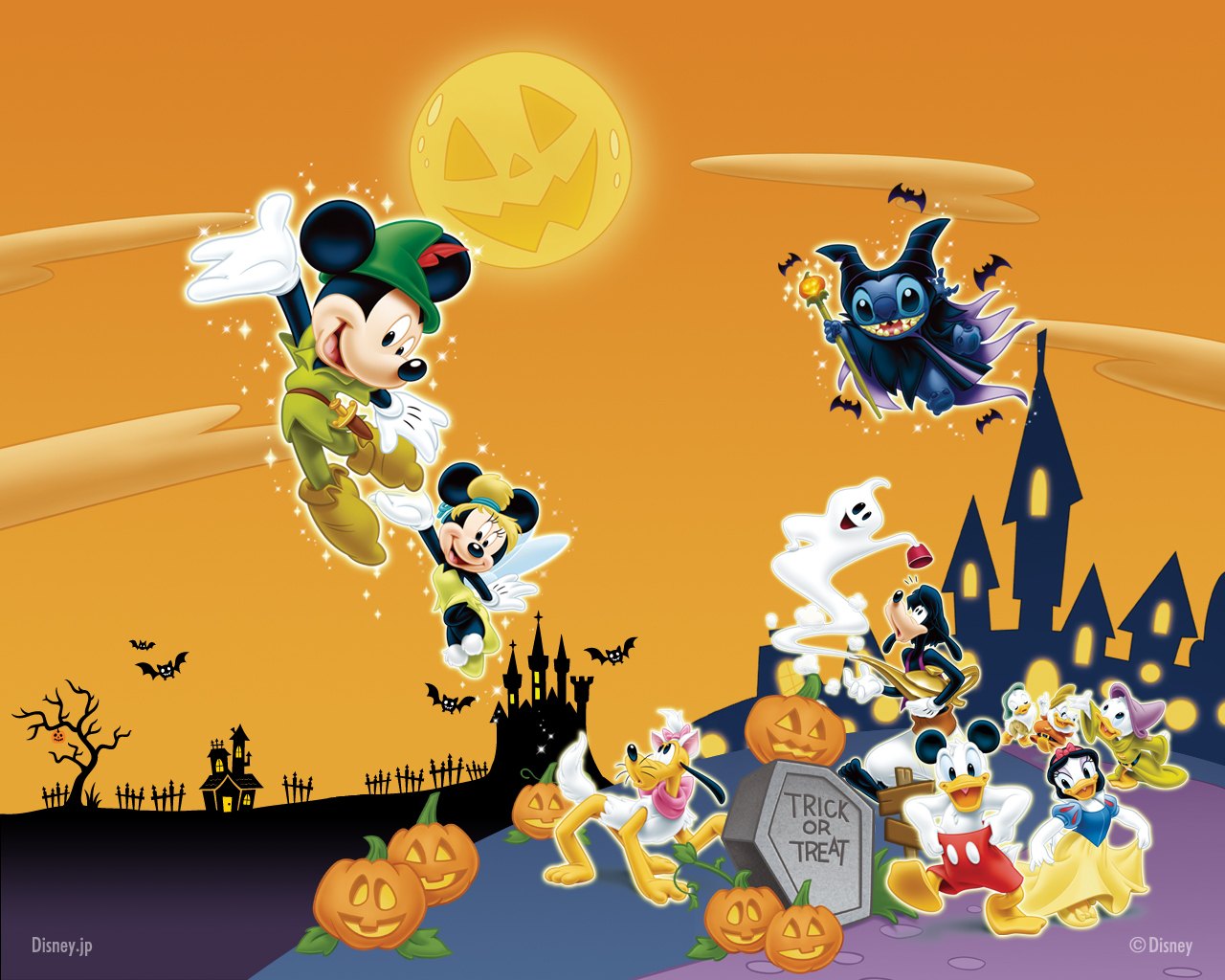 Disney characters dressed up for Halloween, trick-or-treating in front of a spooky castle with a jack-o'-lantern moon
