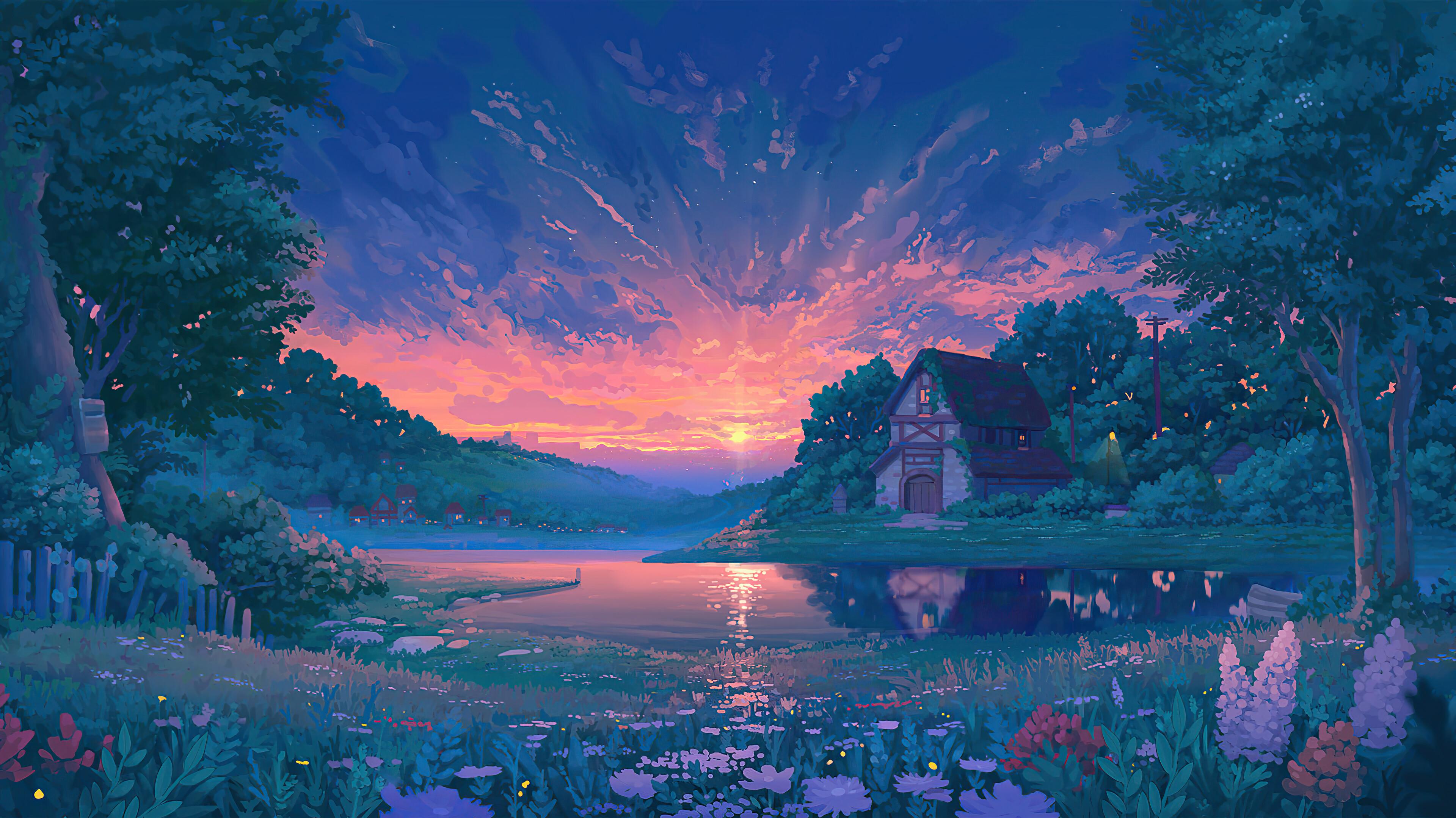 Sunrise Nature Lake Flowers Landscape Cottage Digital Art 4k