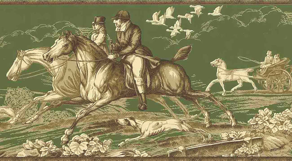 Green Toile Wallpaper Border Hunting Scene Cream Brown York Ep7101b