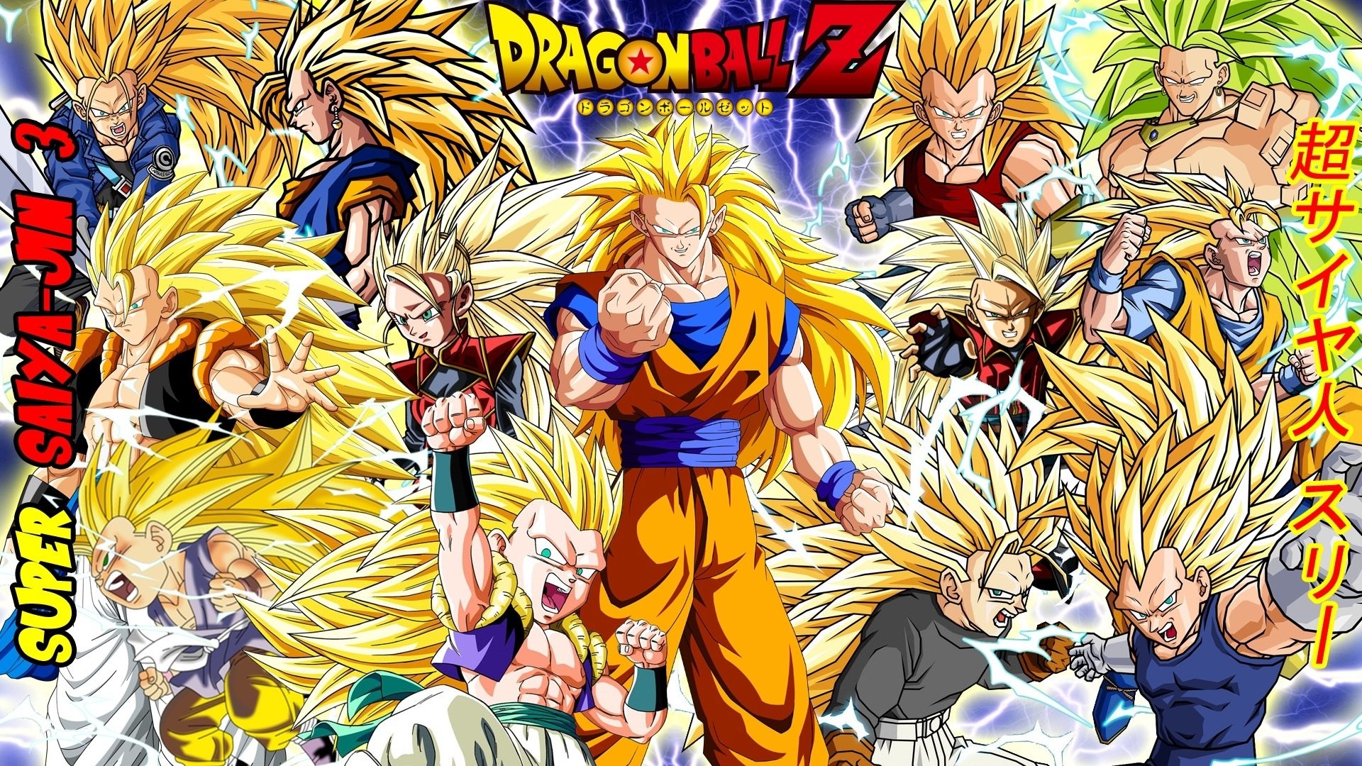 Super Saiyan 3 Goku and other characters from Dragon Ball Z in a dynamic action pose, perfect for a 4k wallpaper