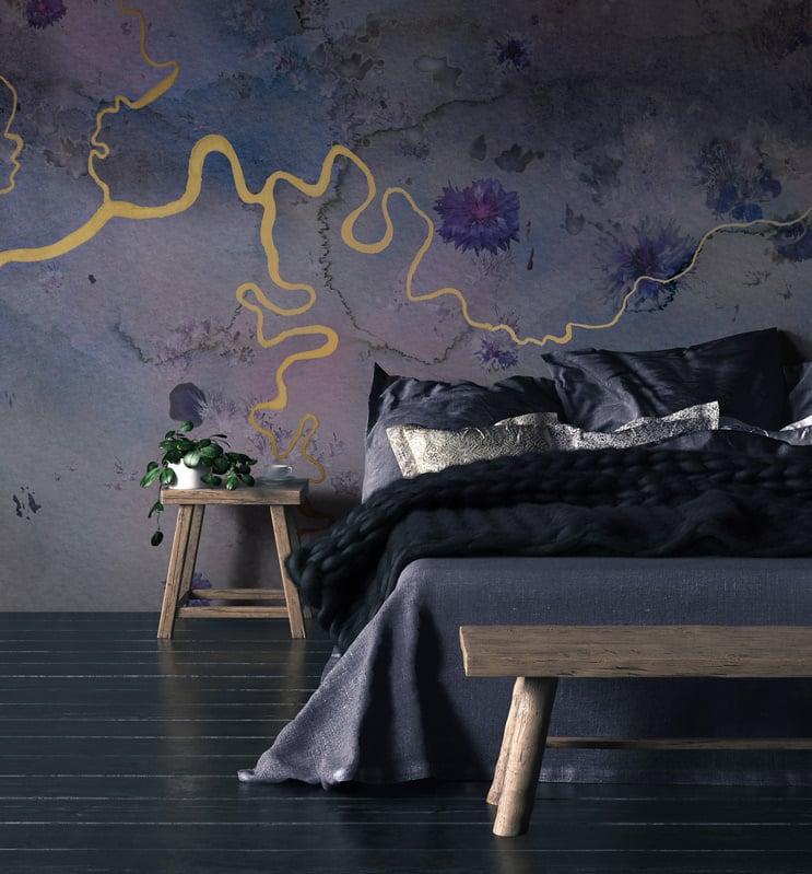 Blue Gold Abstract River Wallpaper Mural Feathr