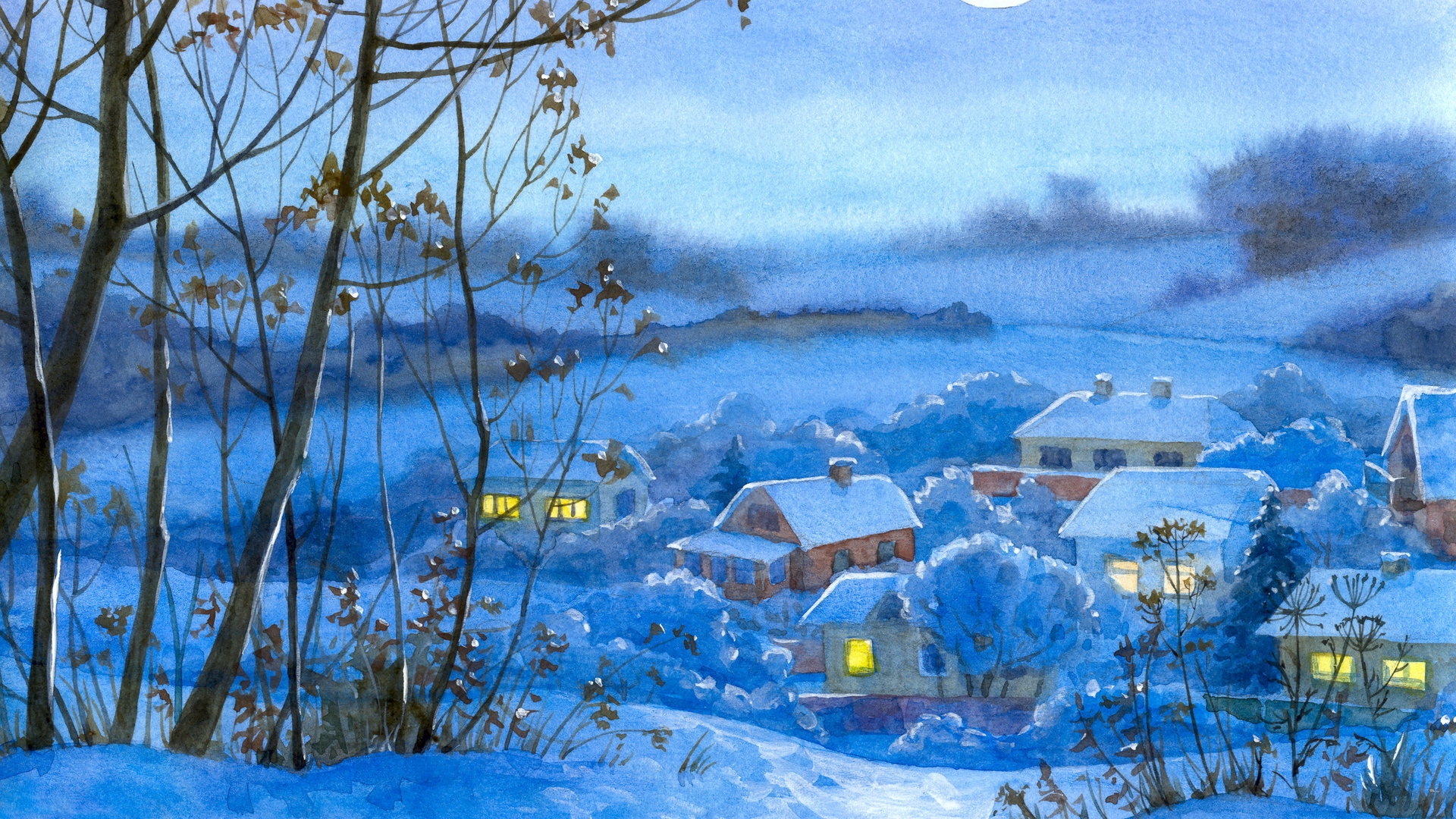 Wallpaper Painting Winter Village Home