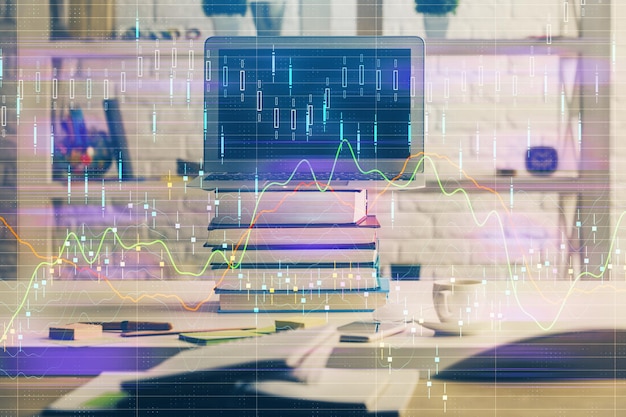Multi Exposure Forex Graph Work Space With Computer Concept International Online Trading Wallpaper