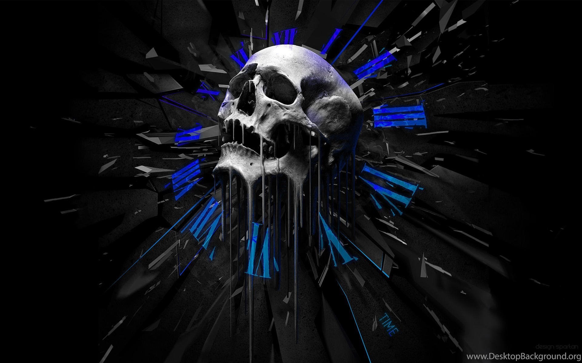 A melting skull with blue roman numerals indicating time against a dark, abstract background. Symbolizes the passage of time and mortality