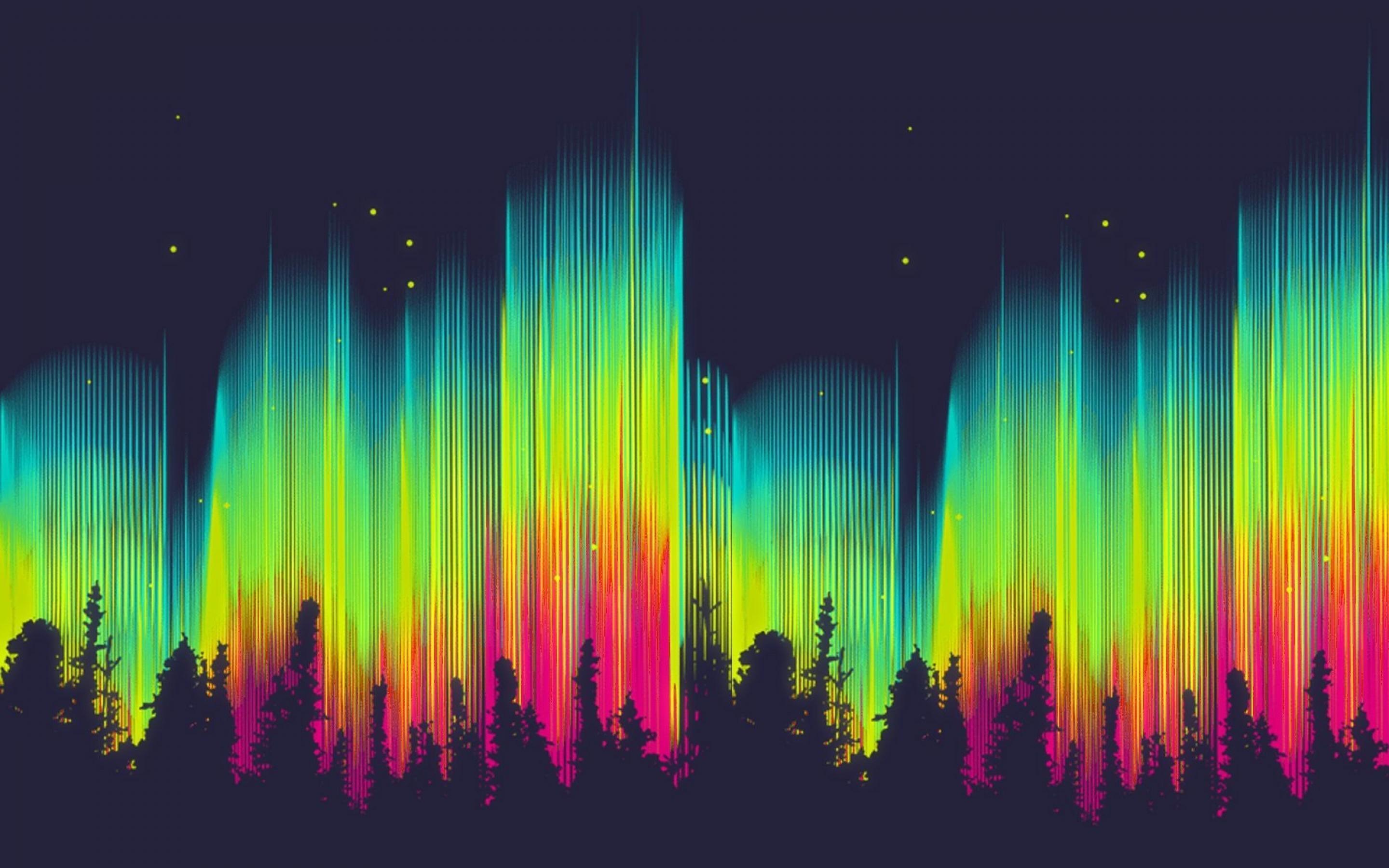  bright color aurora borealis forest stars graphics background
