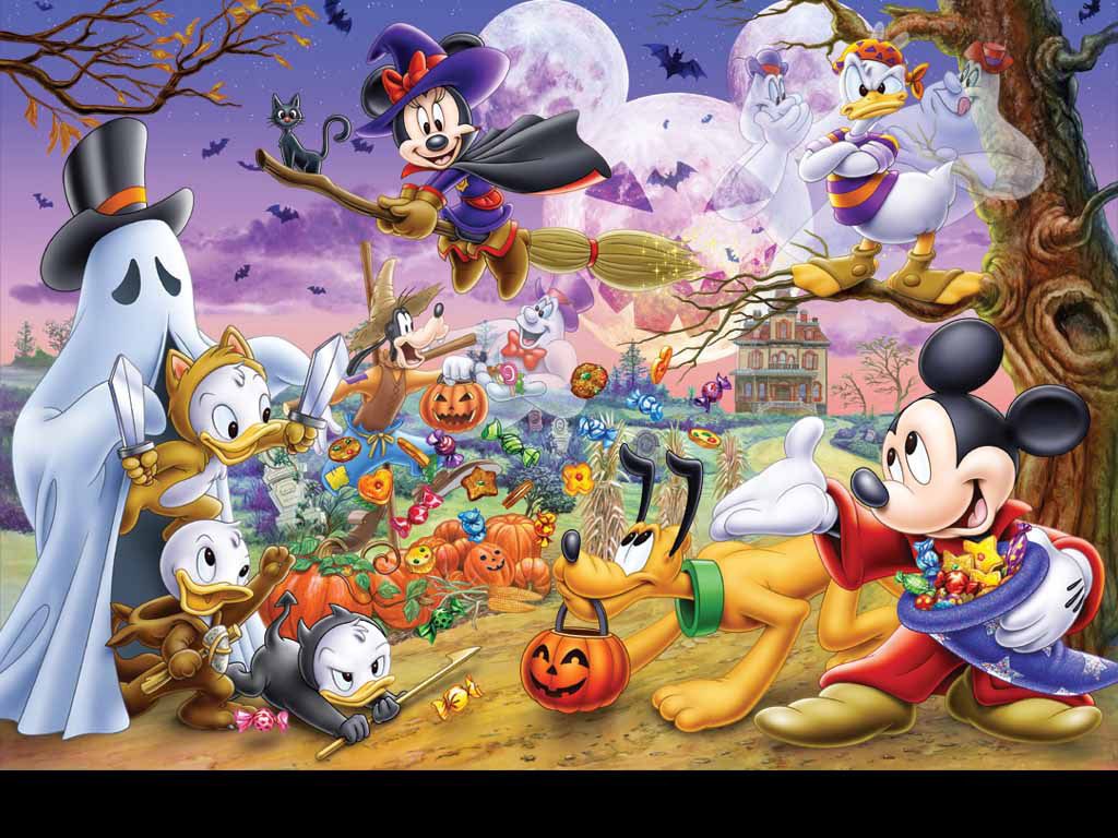 A vibrant illustration of Disney characters celebrating Halloween, including Mickey Mouse, Minnie Mouse, Goofy, Donald Duck, and Pluto, amidst pumpkins, candy, and spooky scenery