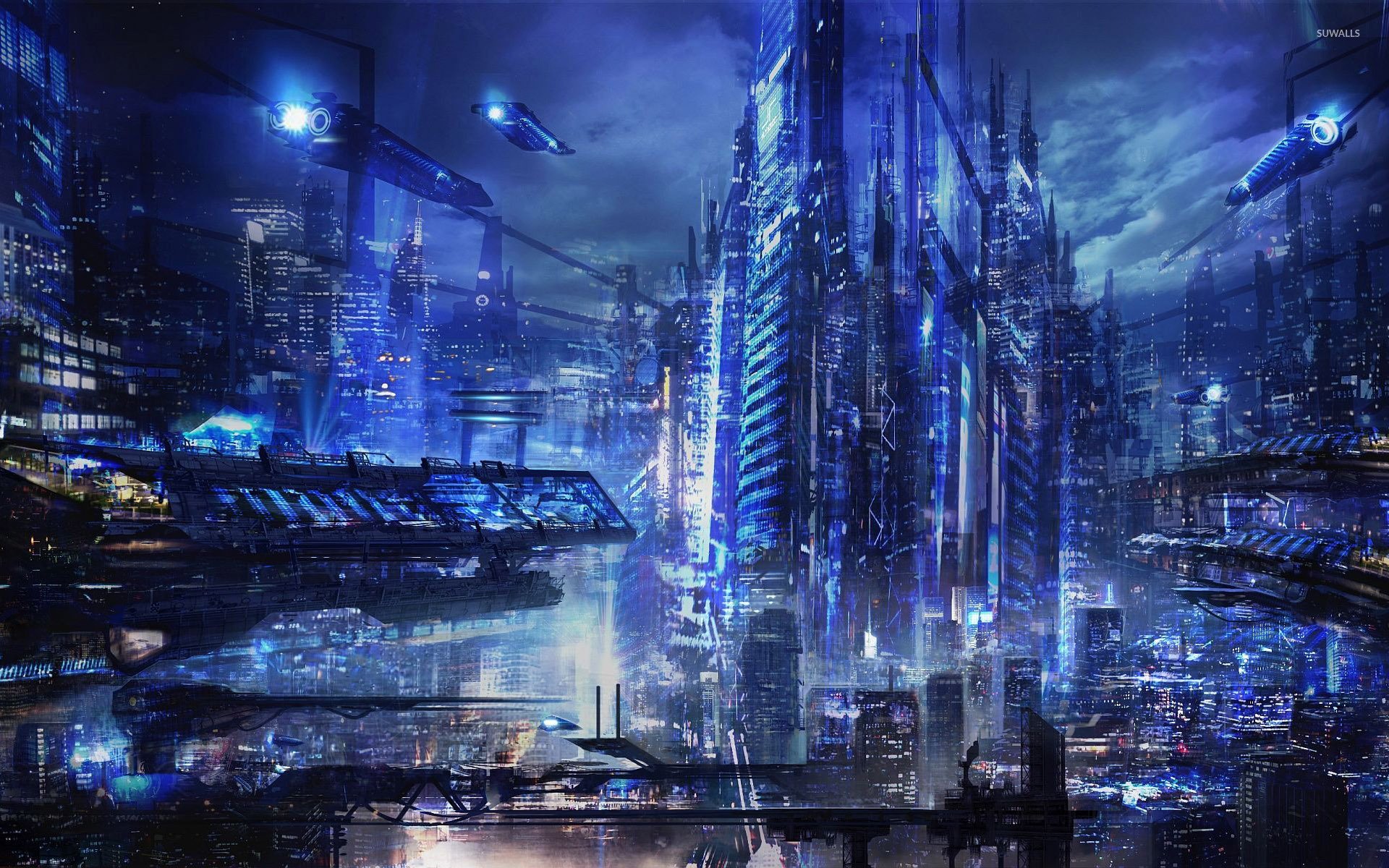 Download wallpaper 1366x768 cyberpunk, city, buildings, art, tablet,  laptop, 1366x768 hd background, 25488