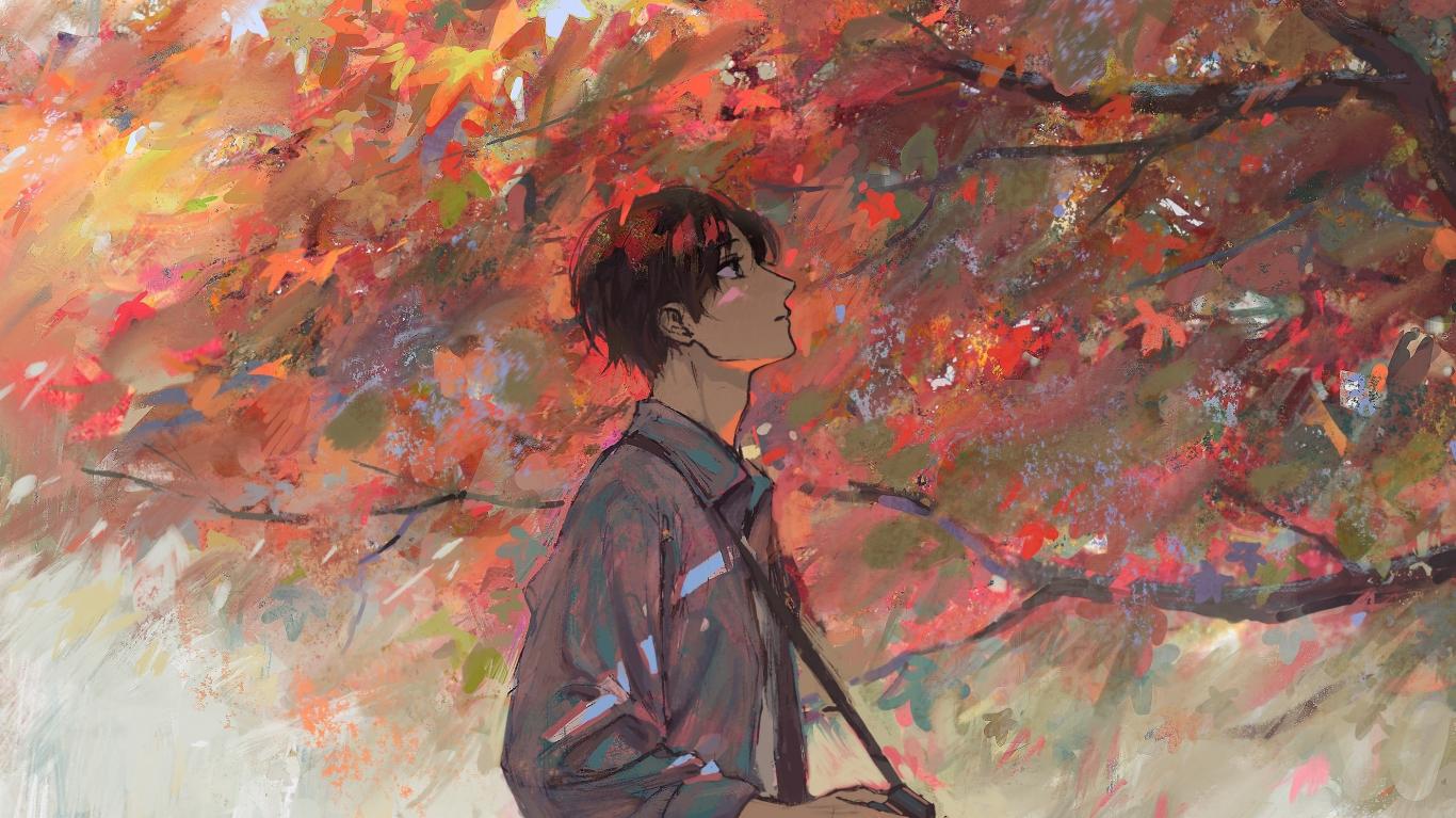 Anime boy autumn tree artwork wallpaper background   Wallpapers
