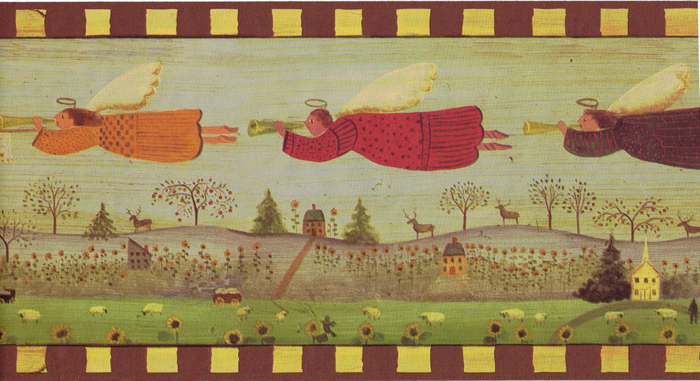 Flying Angels Primitive Folk Art Country Scenic Brown Trim Wall Paper