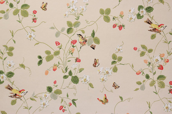 S Vintage Wallpaper Strawberry Vine Butterflies Birds On Cream