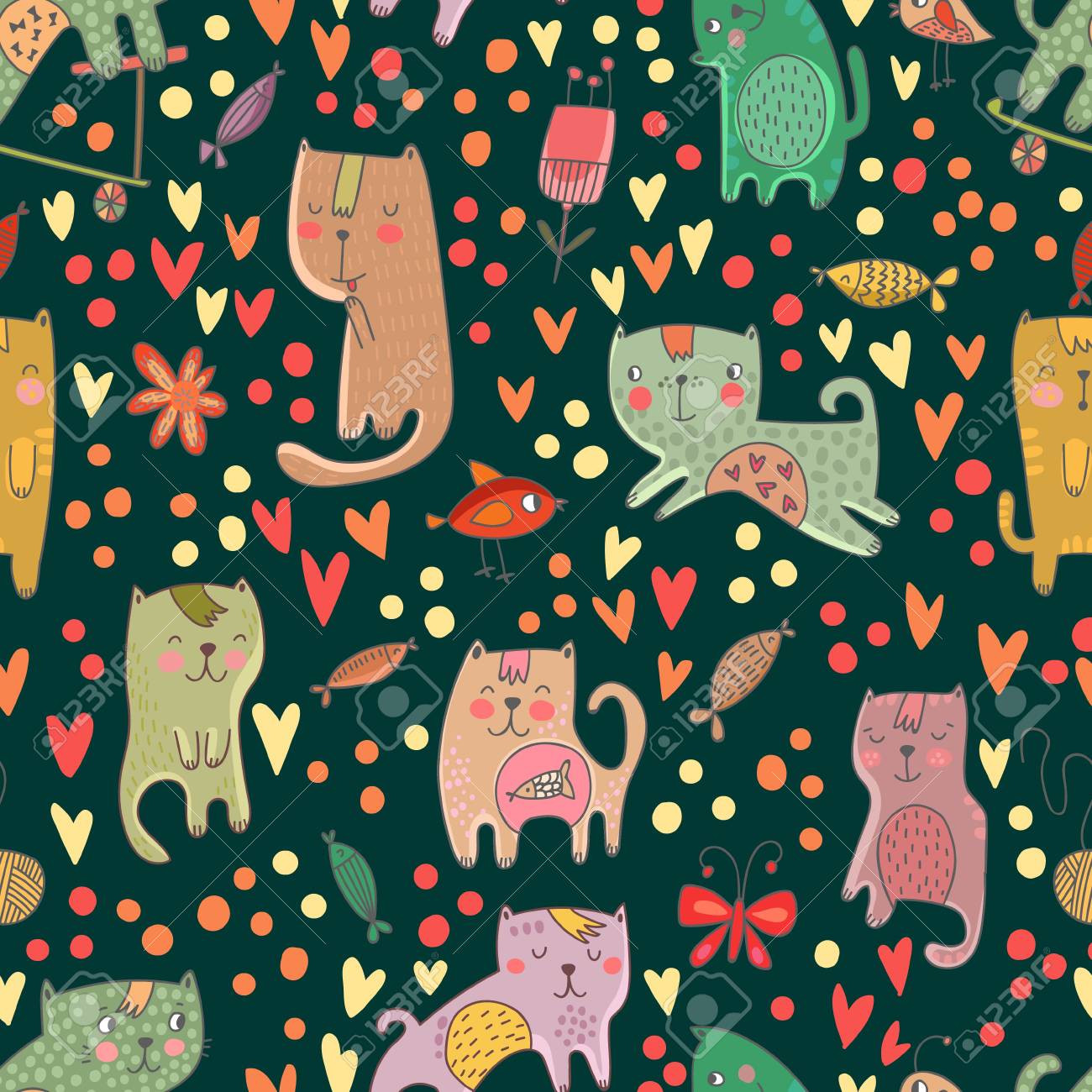 Childish Seamless Pattern With Cats And Fish In Vector