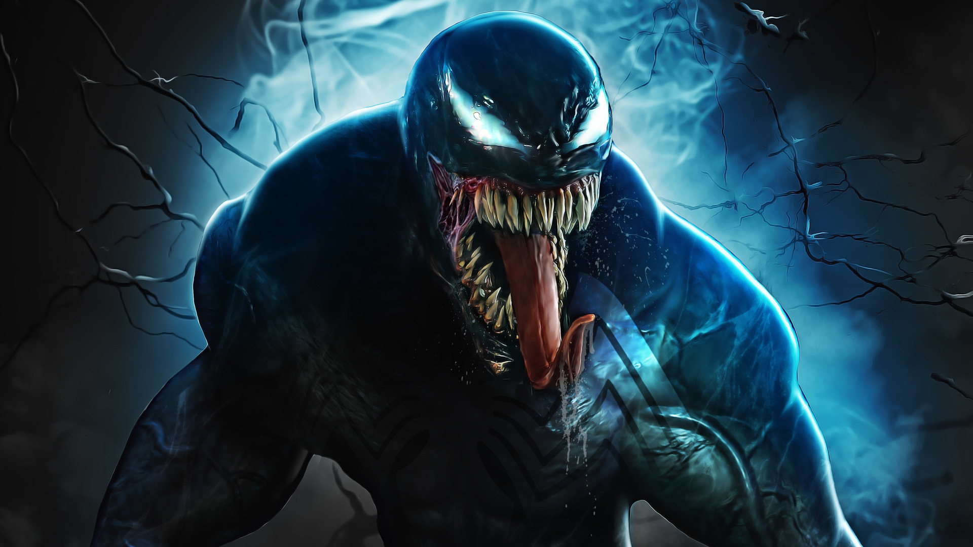 Venom, a menacing symbiote with sharp teeth and a long tongue, against a dark, electric blue backdrop