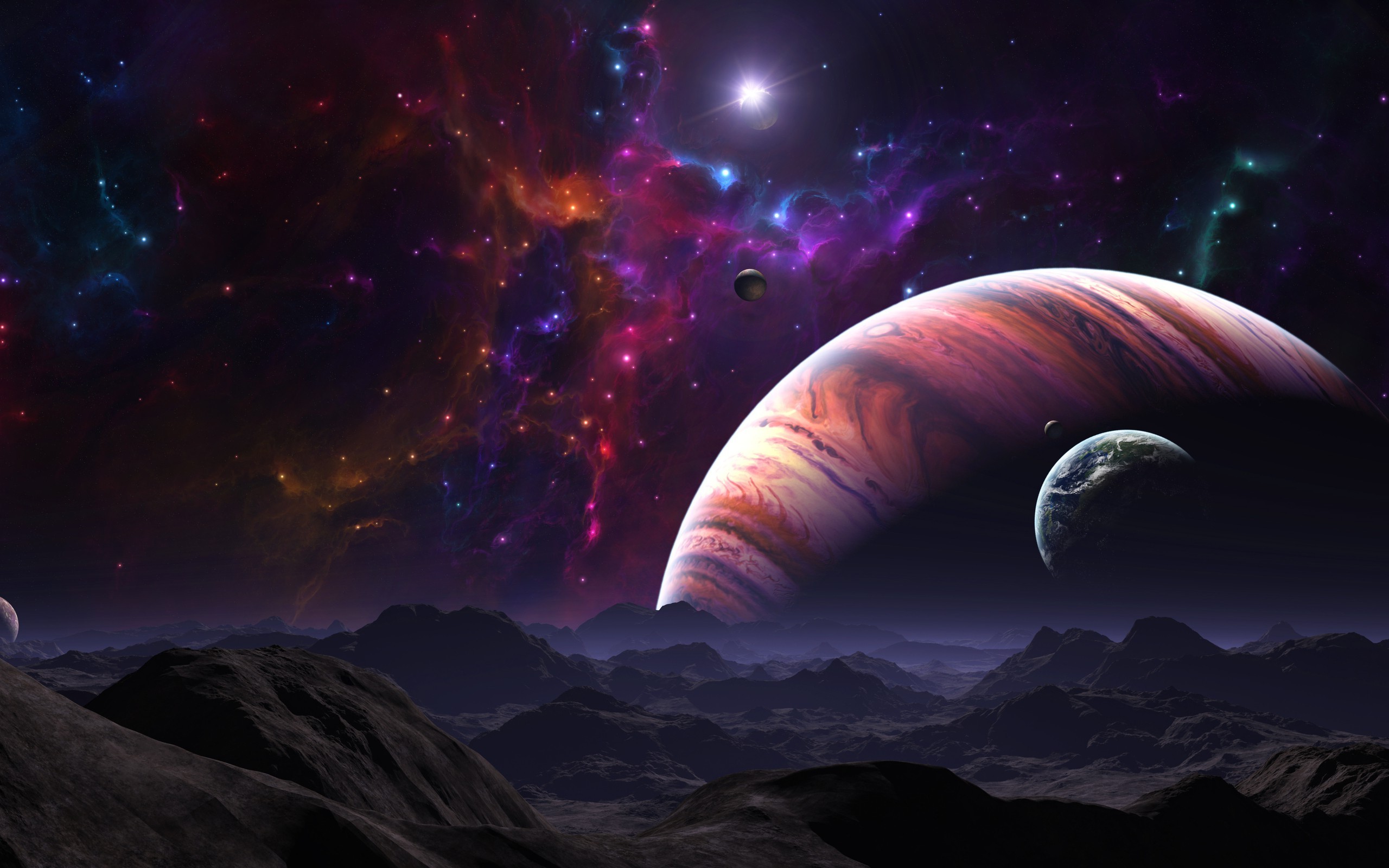 A breathtaking vista of a mountainous alien landscape under a vibrant nebula-filled sky, with multiple planets dominating the horizon. This astronomy wallpaper captures the vastness and beauty of space