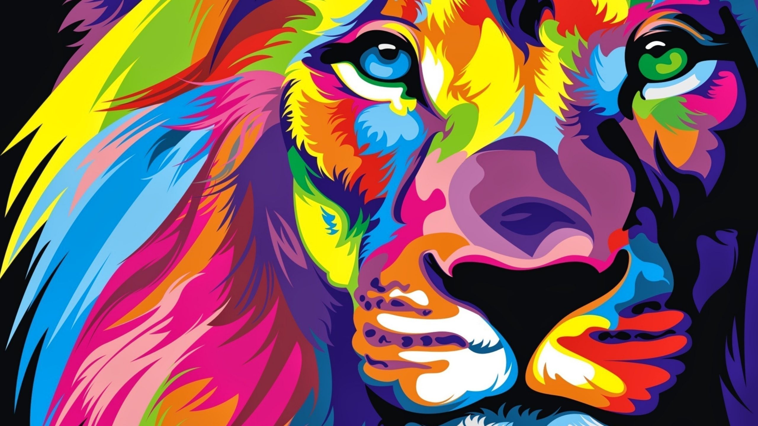 A vibrant and colorful close-up of a lion's face, showcasing a pop art style with bold hues and sharp contrasts. The lion's mane and facial features are depicted in a dynamic and artistic manner, making it an eye-catching visual