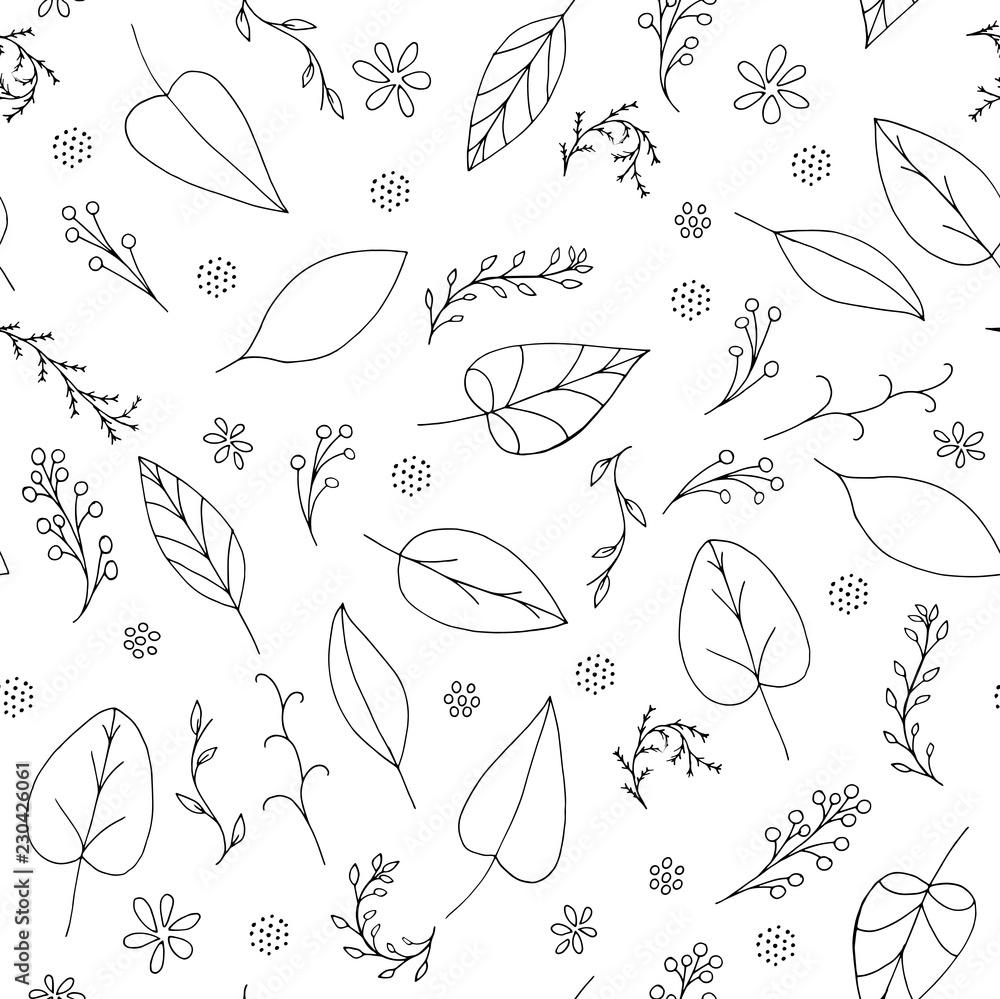 Black Vector Doodle Seamless Pattern With Abstract Leaves Berries