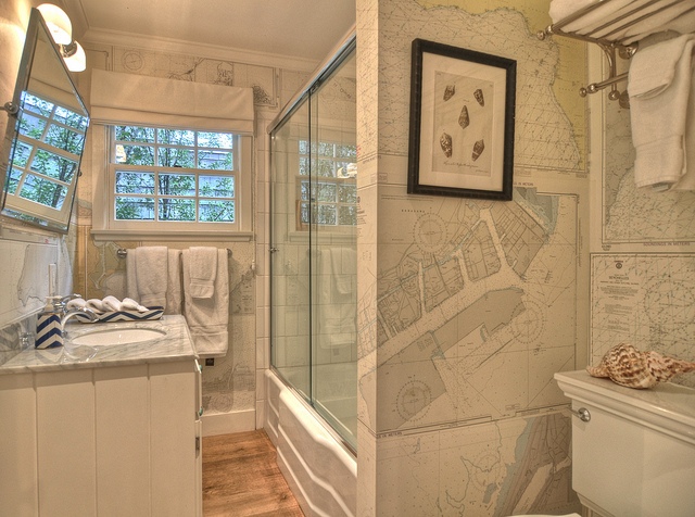 Fantastic Nautical Themed Bathroom With Chart Wallpaper And