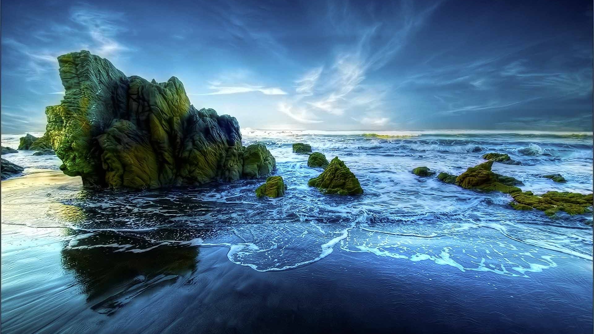 HD Wallpaper: Scenic view of ocean waves crashing on rocks at a beach during sunset