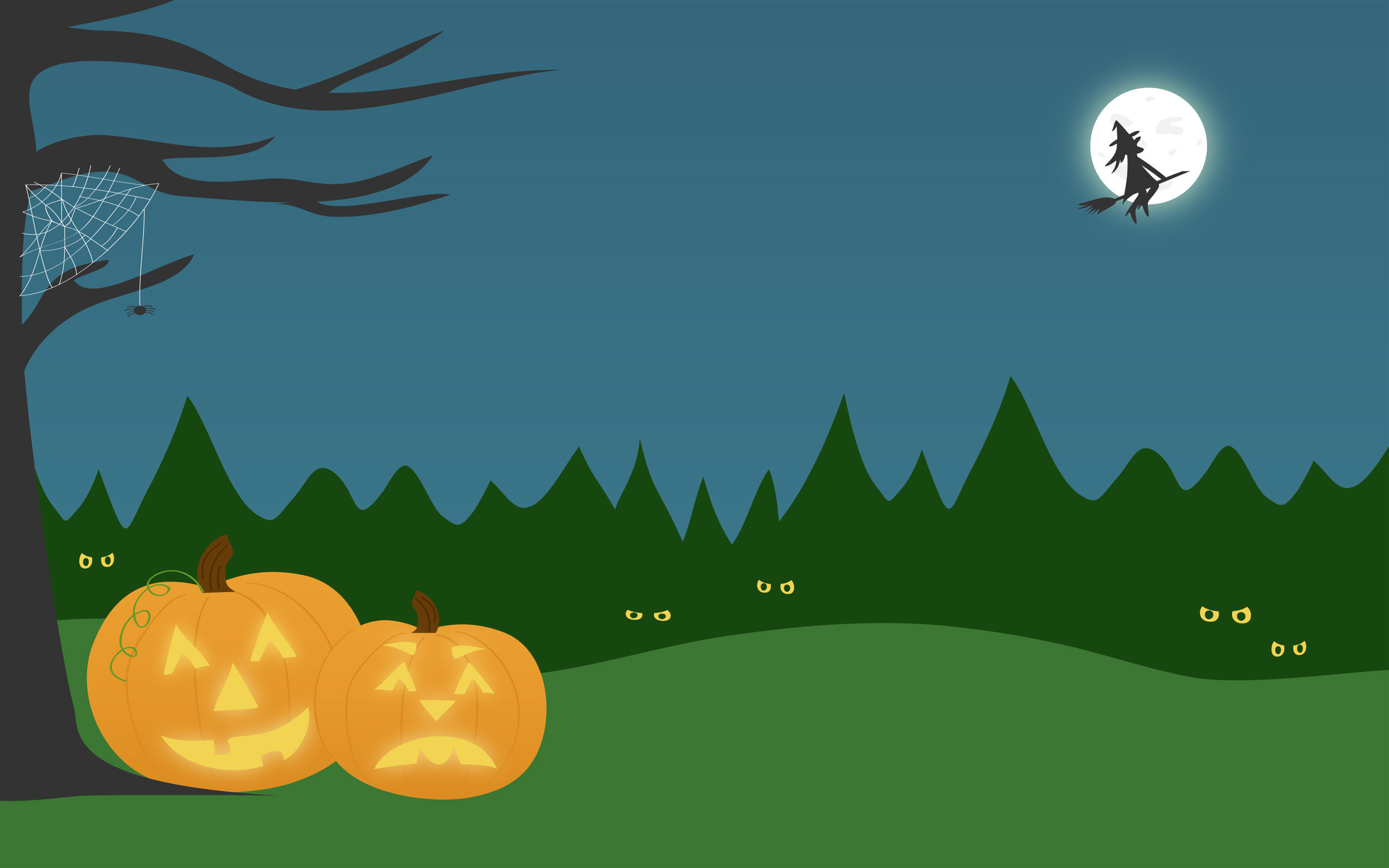 Kawaii Halloween scene with two carved pumpkins, a witch flying across the moon, and spooky eyes peering from the forest