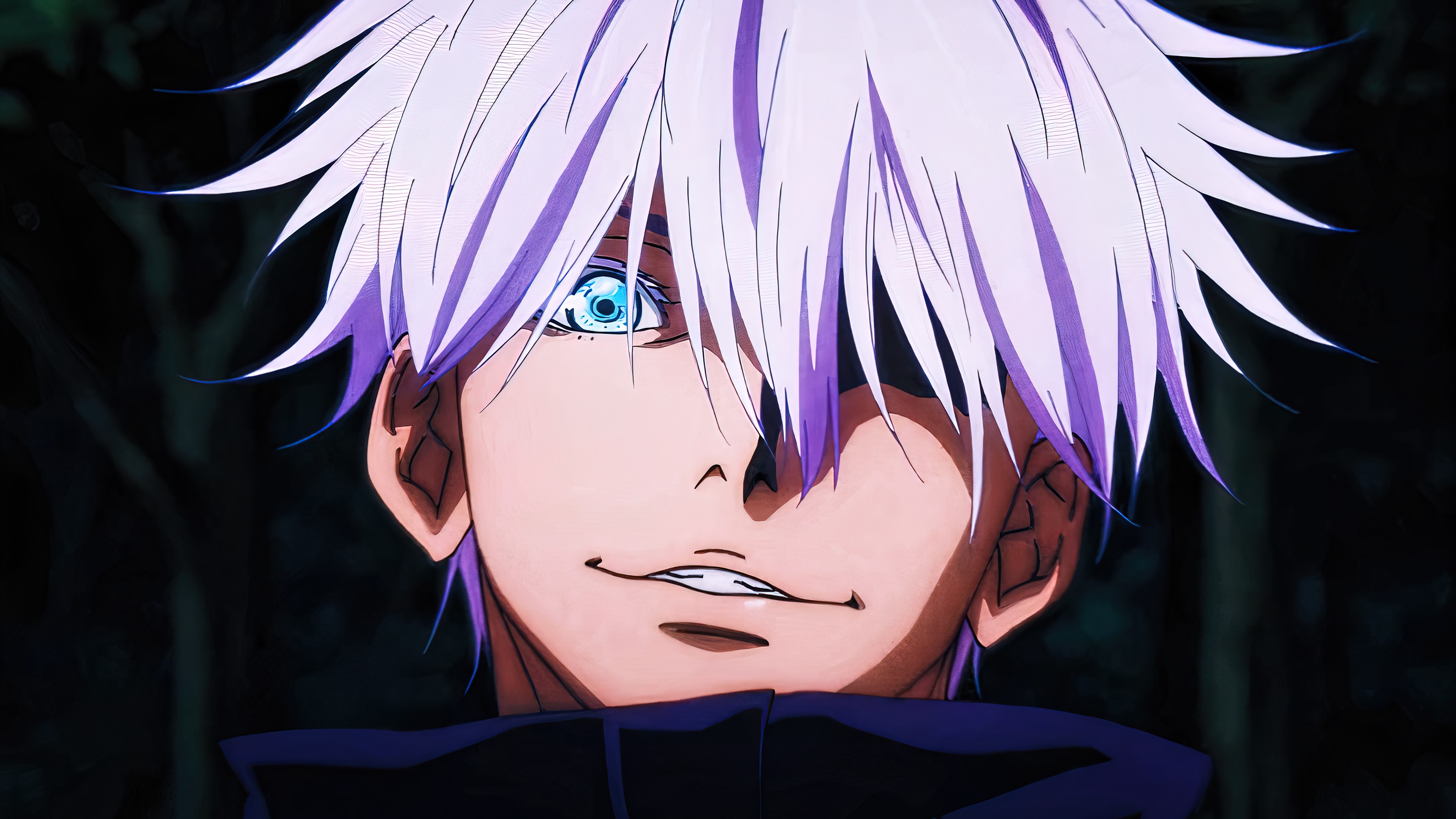 Close-up of Gojo Satoru with his signature smirk and one eye visible, set against a dark, atmospheric background
