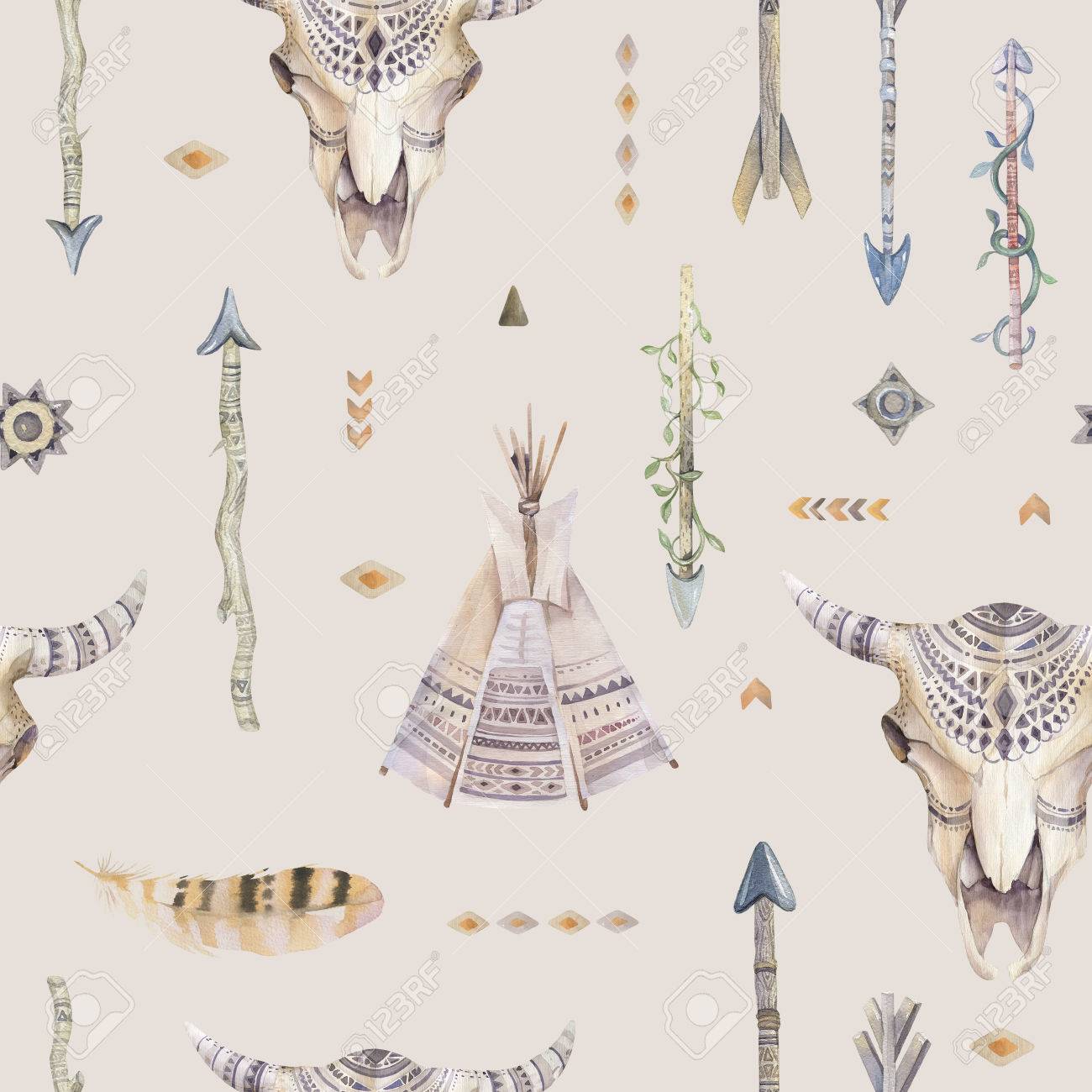 Watercolor Boho Seamless Pattern With Teepee Arrows Feathers