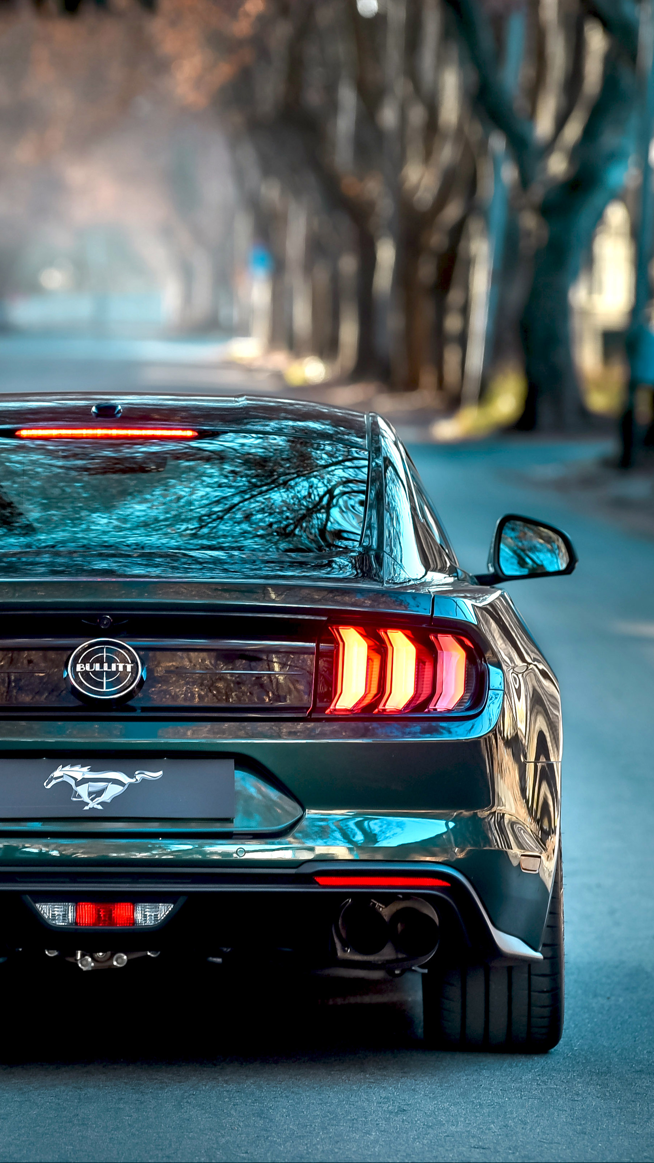 Rear view of a dark green Ford Mustang Bullitt parked on a tree-lined street, highlighting its iconic taillights and exhaust pipes