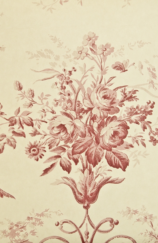  French floral wallpaper with architectural motifs in light cream and