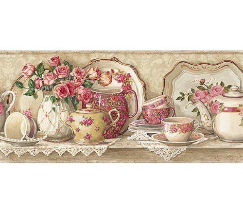 teacupwallpaperborders Victorian Lace Coral Rose Tea Pot Wallpaper