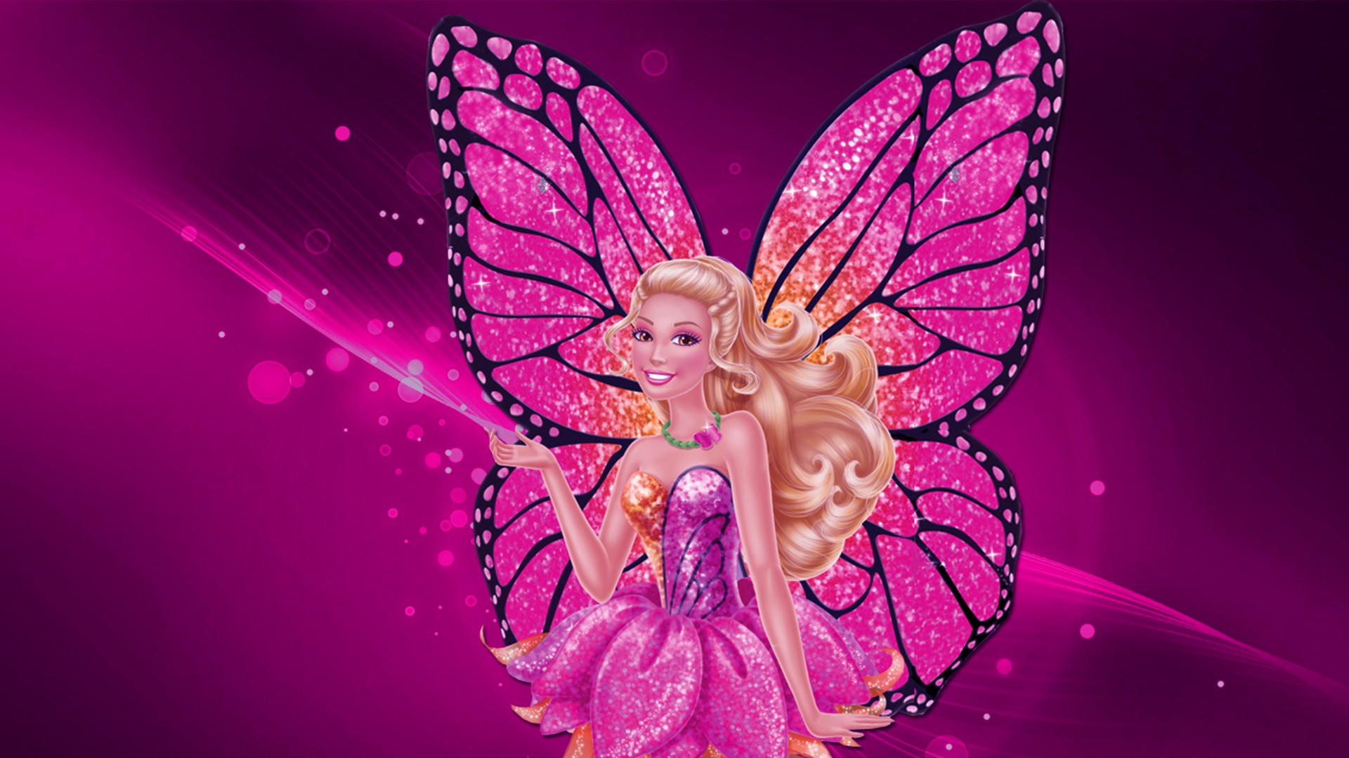Barbie Mariposa on a vibrant pink background with sparkly butterfly wings