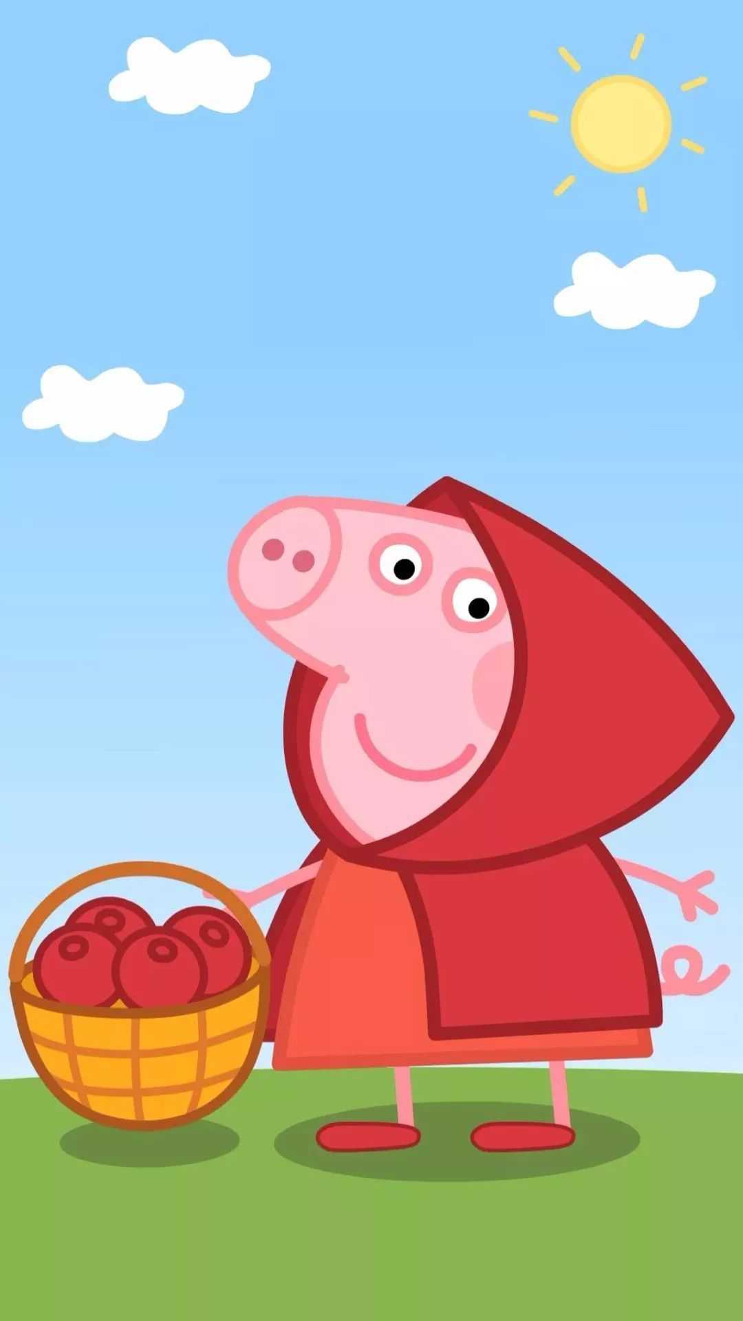 Peppa Pig dressed as Little Red Riding Hood, carrying a basket of apples