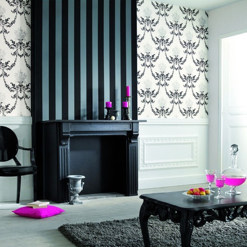 Black And Pearlised Grey Wide Stripe Wallpaper Caselio Rrp