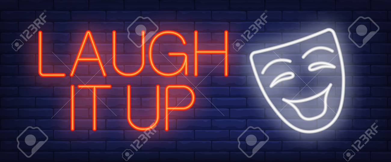 Laugh It Up Neon Sign Comedian Mask On Brick Background Comedy