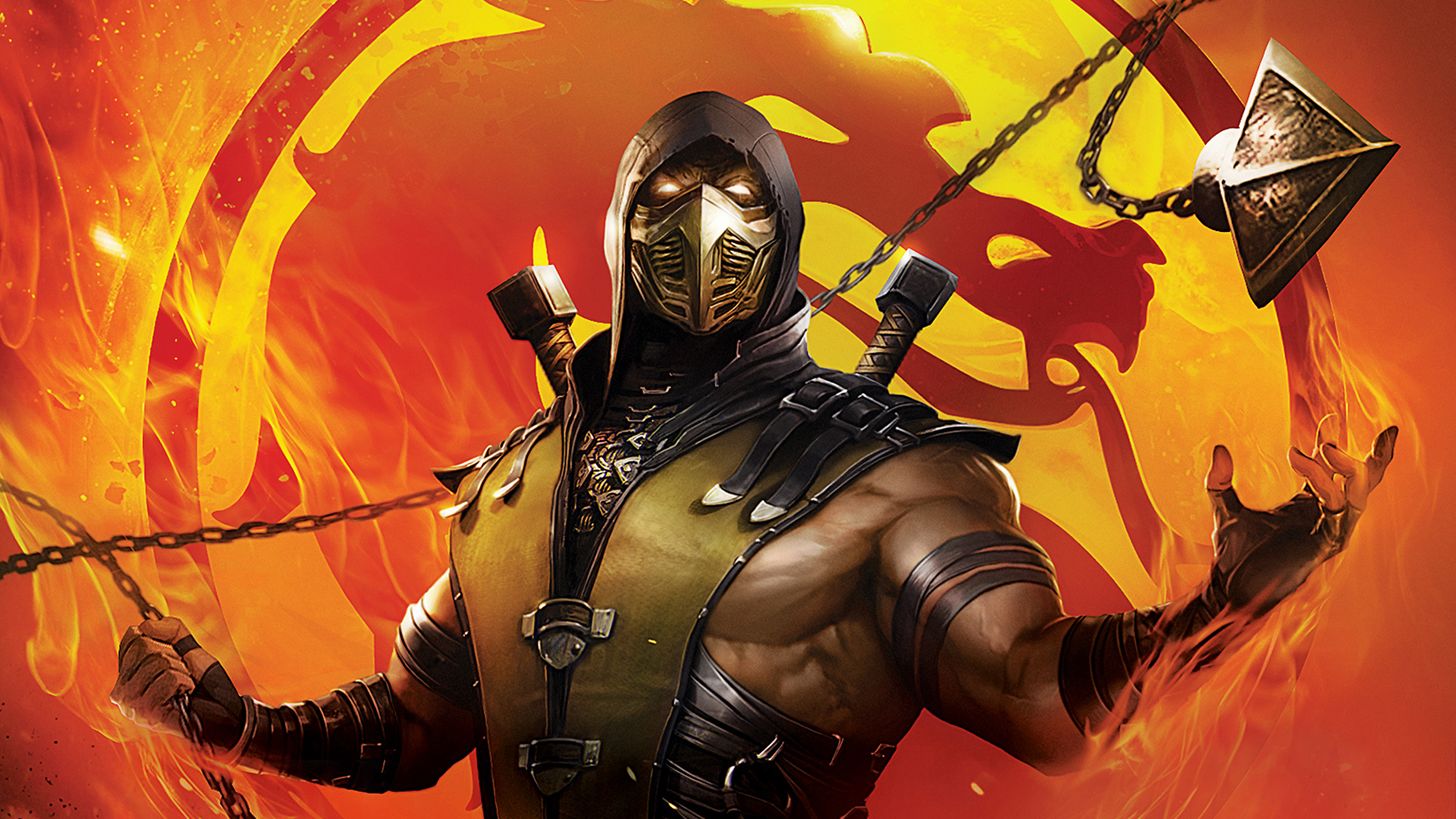Scorpion from Mortal Kombat against a fiery backdrop with the Mortal Kombat logo