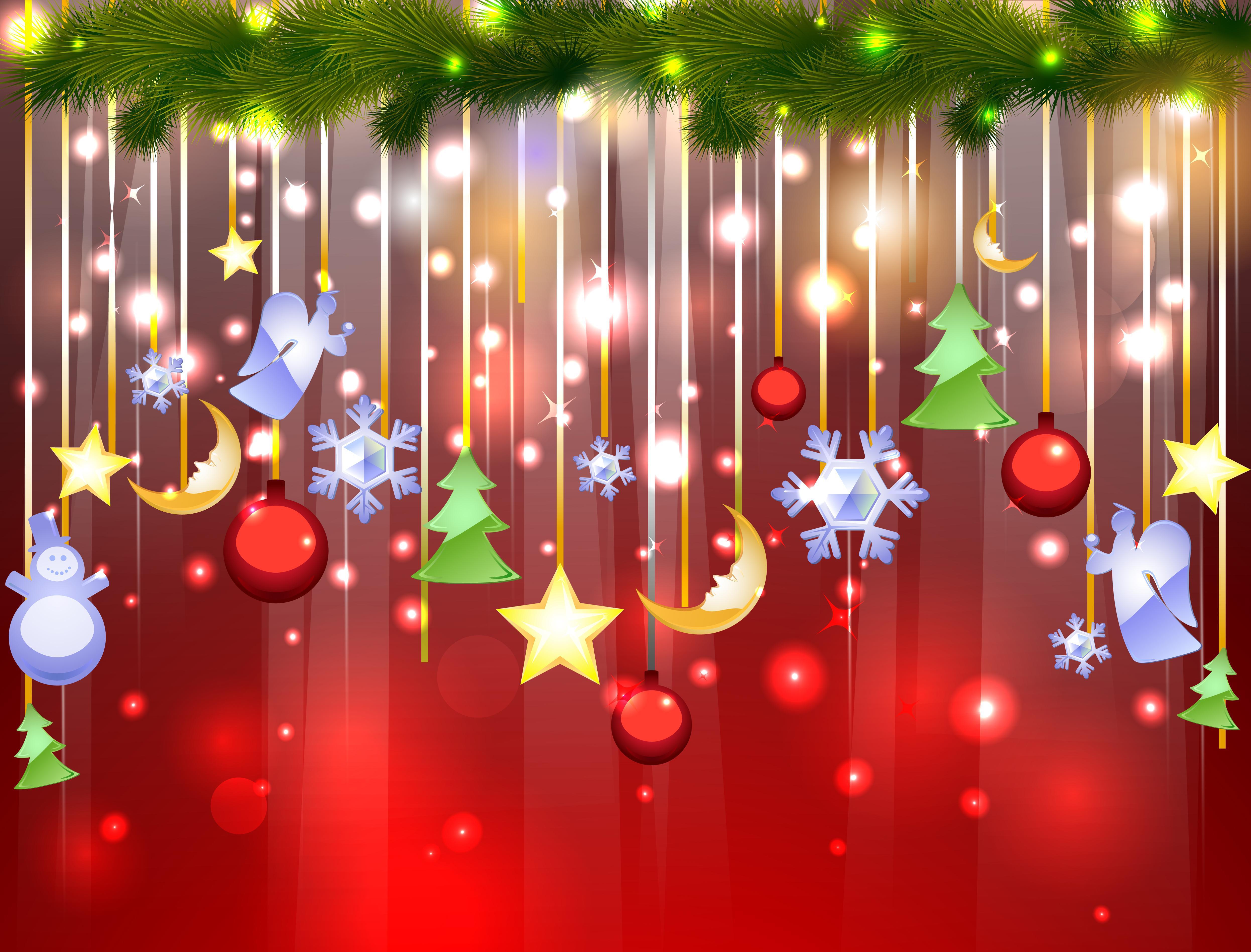 Festive Christmas ornaments hanging from a fir branch against a sparkly red backdrop