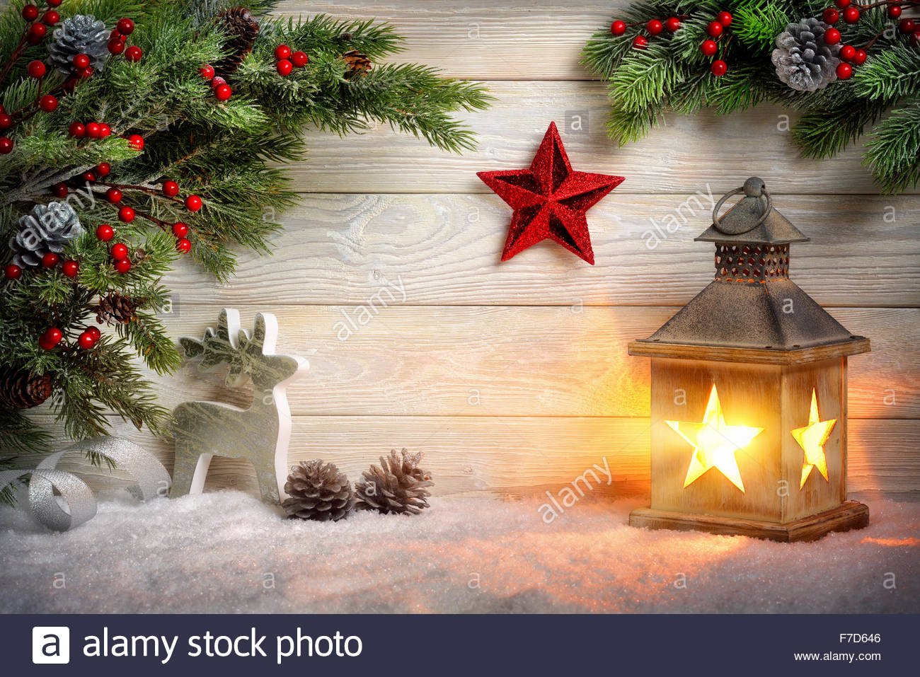 Christmas Scene Background With A Lantern Fir Branches Red Star