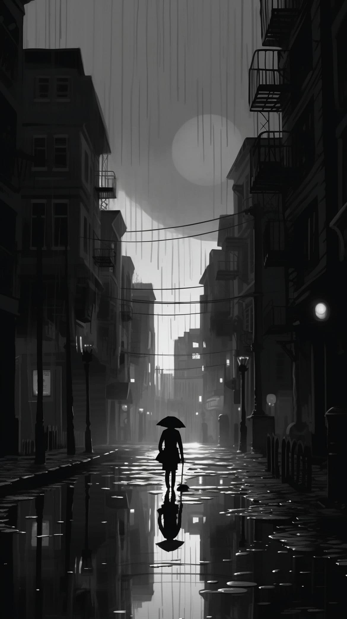A lone figure with an umbrella walks down a rain-soaked city street at night in this black and white artwork, reflecting a classic film noir aesthetic