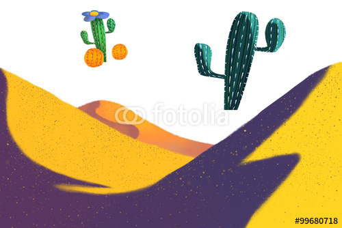 Illustration Yellow Desert And Cactus On White Background Realistic