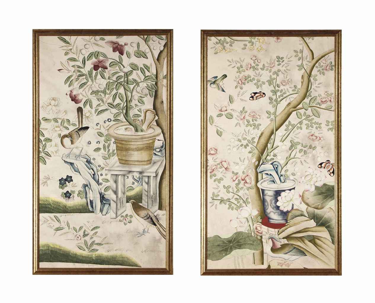 TWO CHINESE EXPORT WALLPAPER PANELS INK AND COLOR ON PAPER LATE 1266x1024