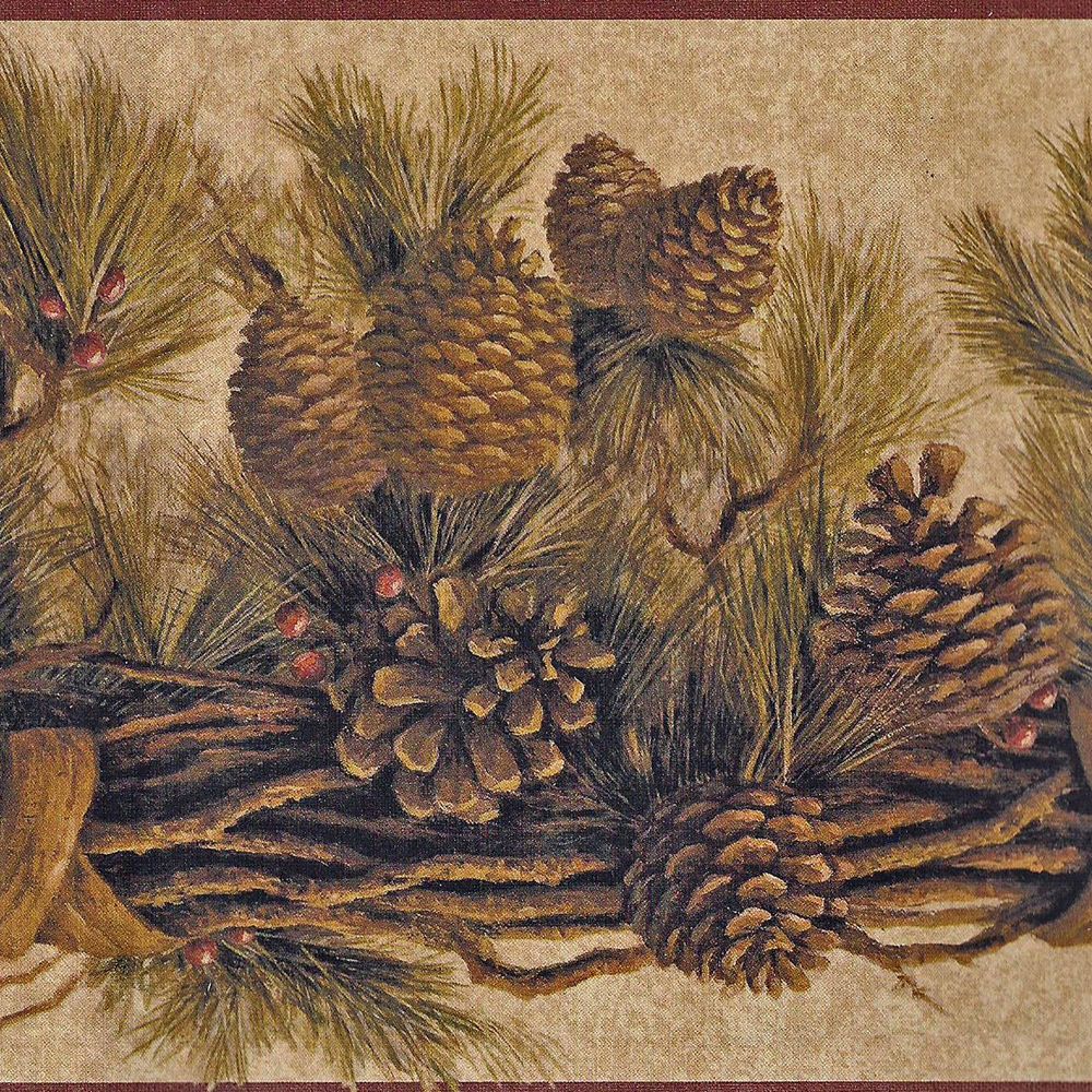 Rustic Pine Cones On Golden Brown Branch Wallpaper Border A055