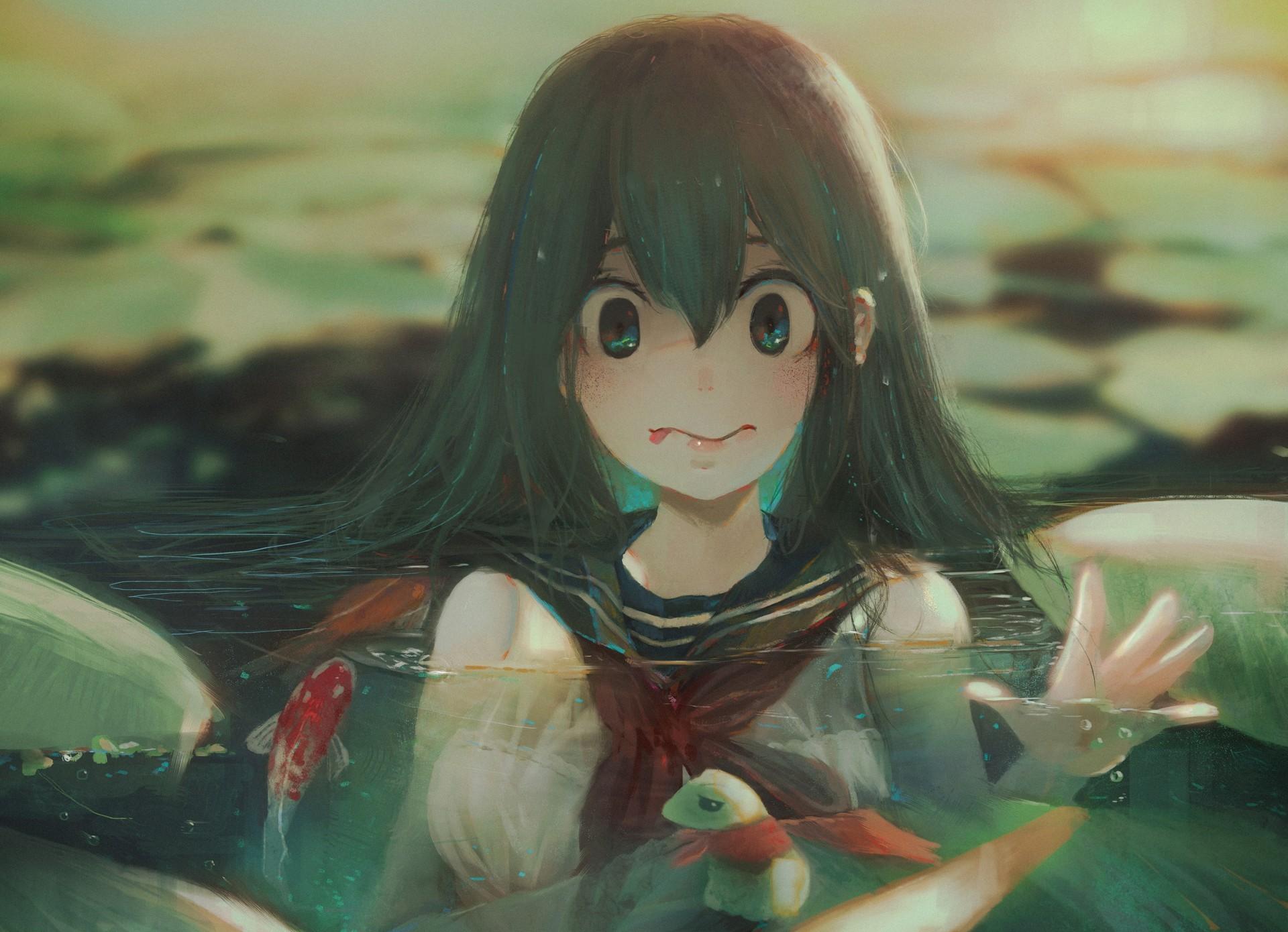966928 sailor uniform pond water digital art anime anime