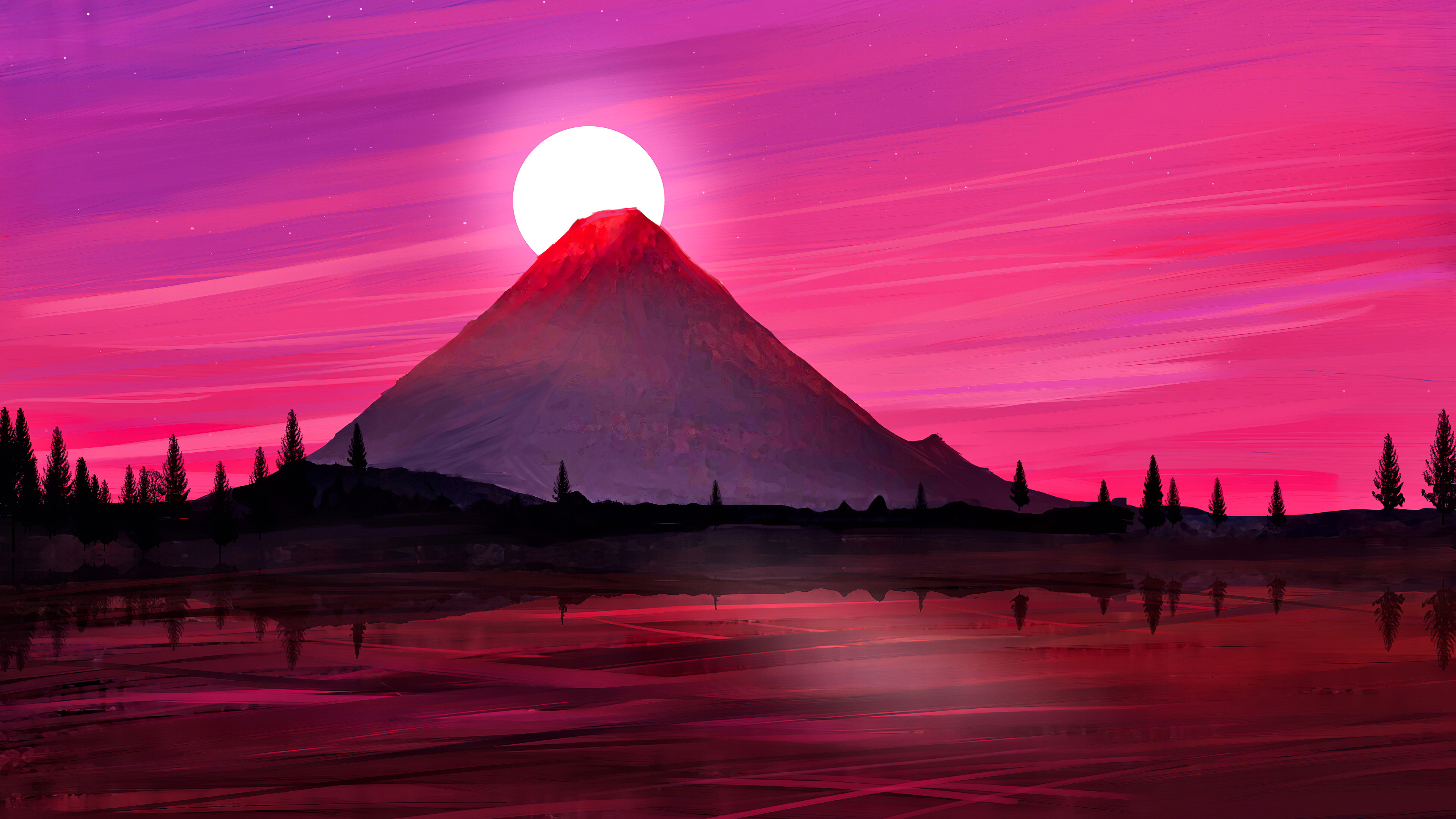 4K art wallpaper of a majestic mountain silhouetted against a vibrant pink and purple sunset sky, with a full moon positioned directly behind the peak and a serene lake reflecting the scene in the foreground