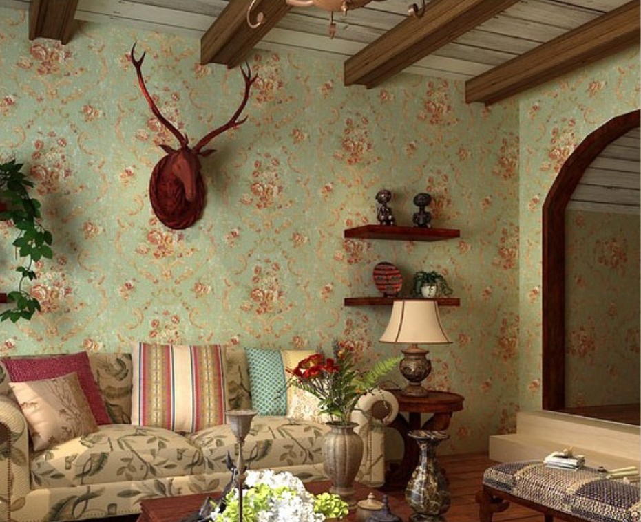 American country style living room with wallpaper New Home