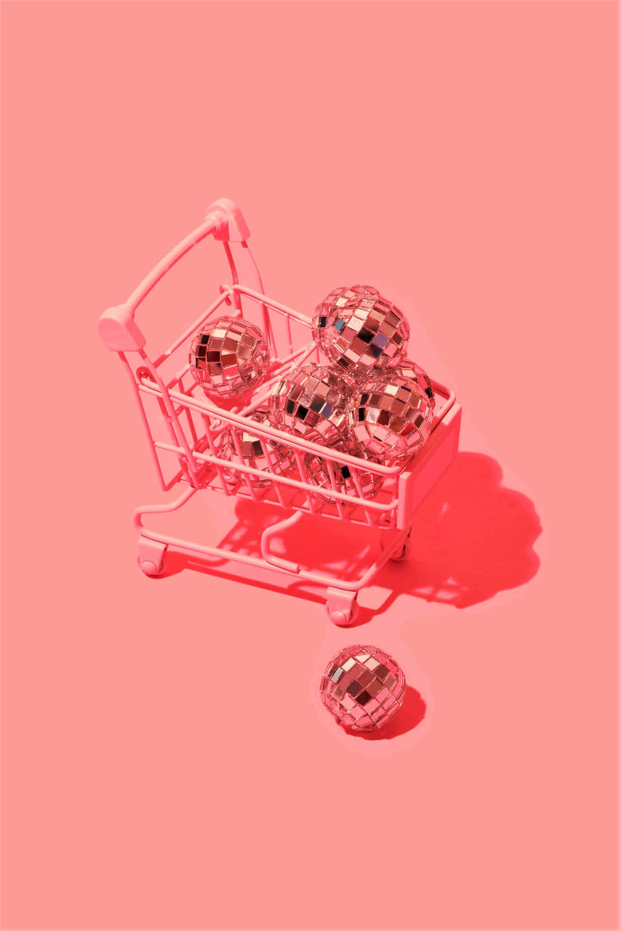 A Shopping Cart With Shiny Balls On Pink Wallpaper