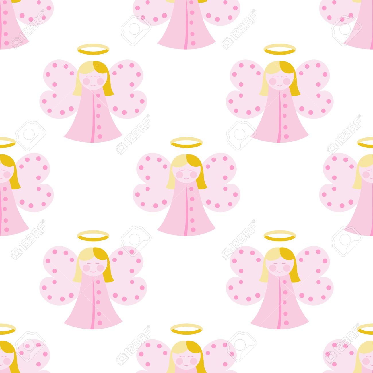 Cute Angel In Pink Clothes Seamless Pattern Isolated On White